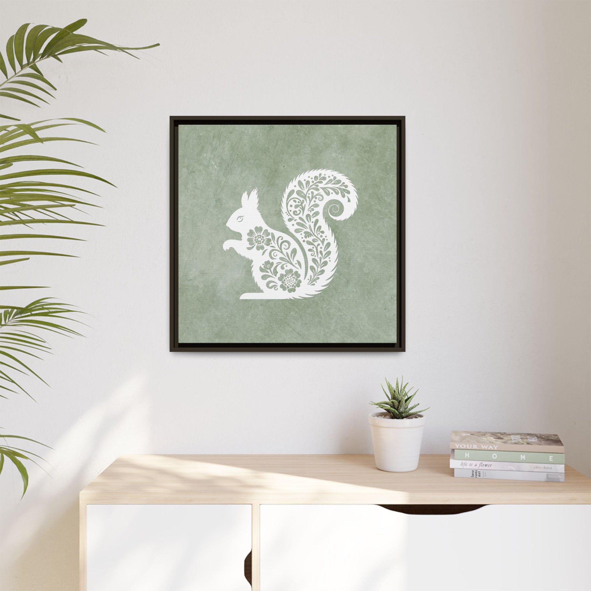 Silhouette Floral Squirrel Framed Canvas Wall Art Square - Canvasses