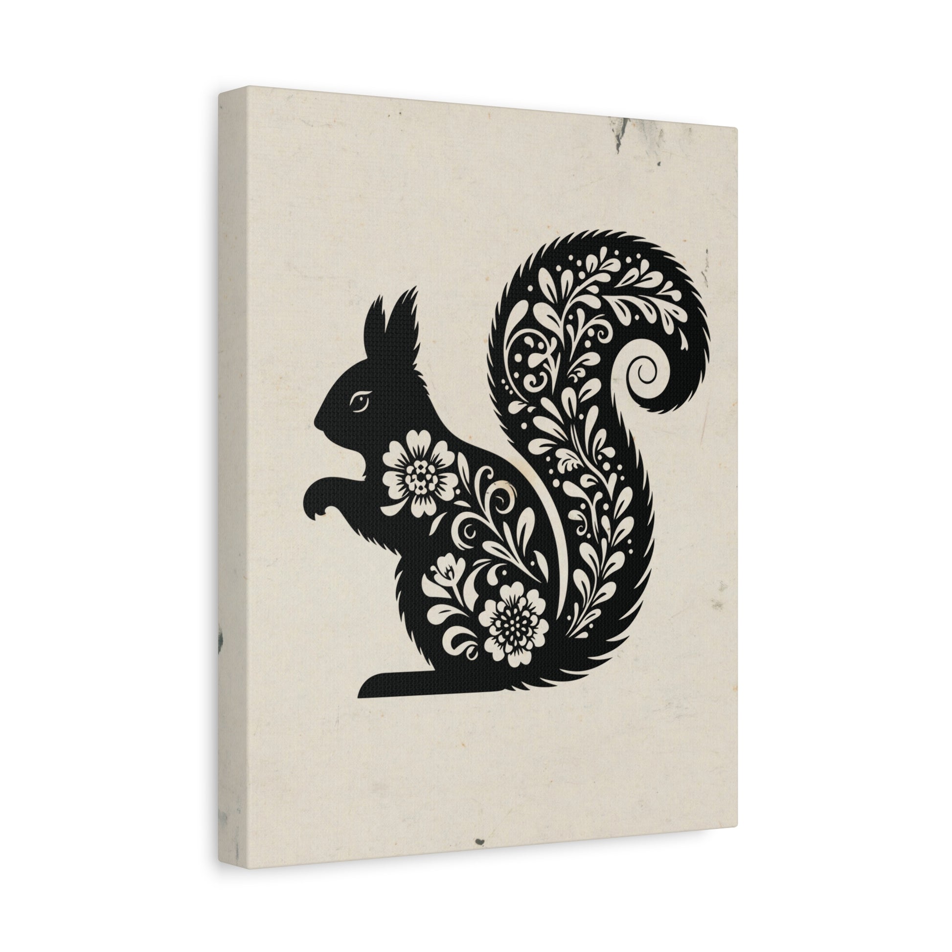 Floral Squirrel Silhouette Canvas Wall Art Vertical - Canvasses