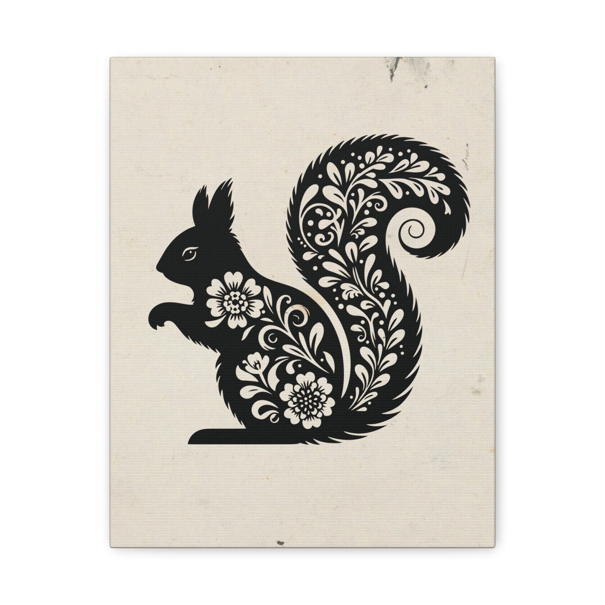 Floral Squirrel Silhouette Canvas Wall Art Vertical - Canvasses