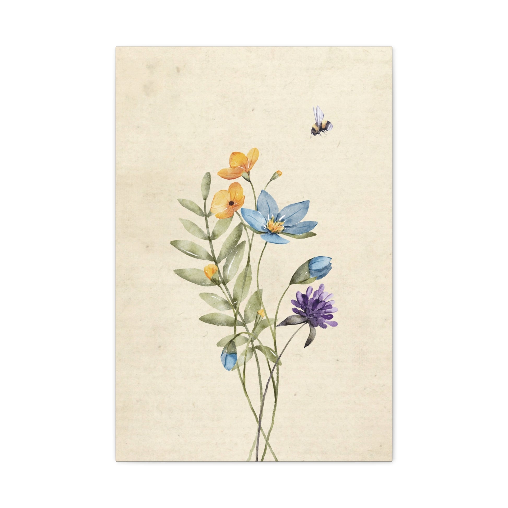 Vintage Wildflower Bee Canvas Wall Art Vertical - Canvasses