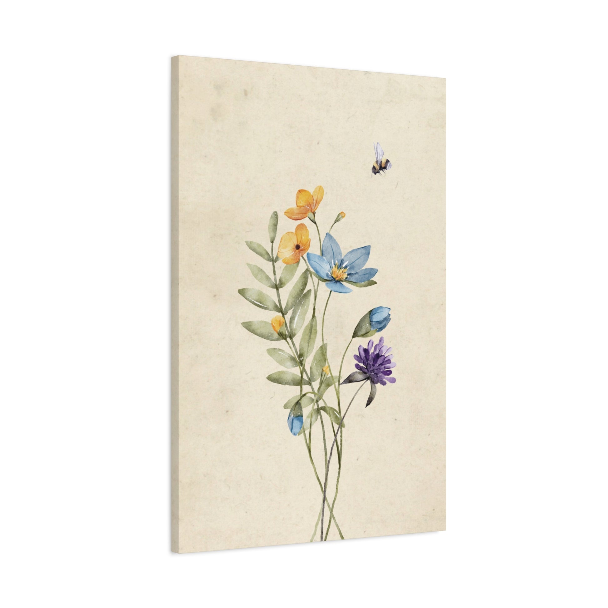 Vintage Wildflower Bee Canvas Wall Art Vertical - Canvasses