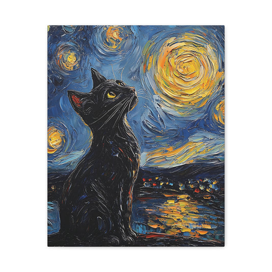 Black Starry Cat Canvas Wall Art Vertical - Canvasses