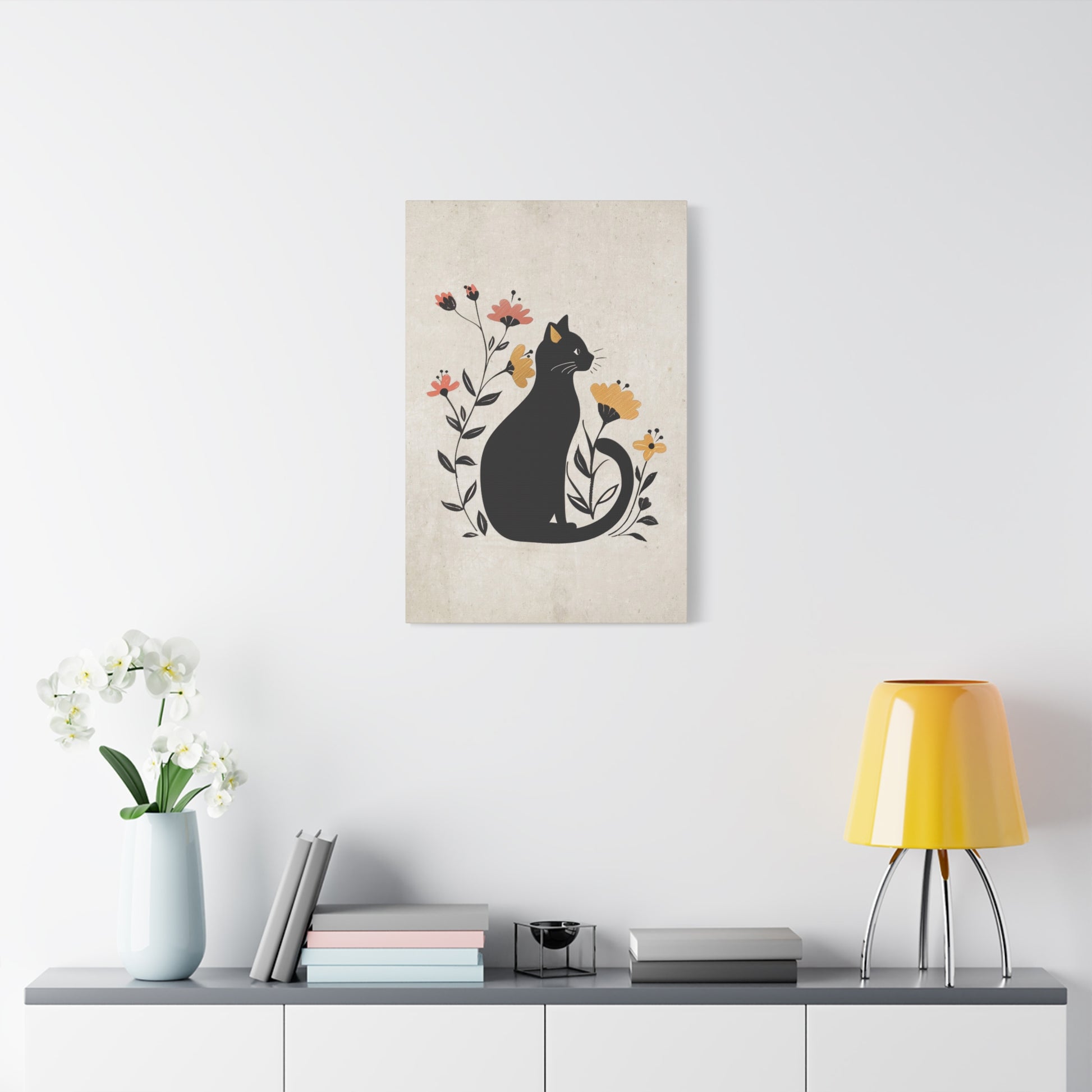 Floral Cat Silhouette Canvas Wall Art Vertical - Canvasses