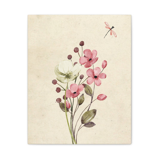 Vintage Wildflower Dragonfly Canvas Wall Art Vertical - Canvasses