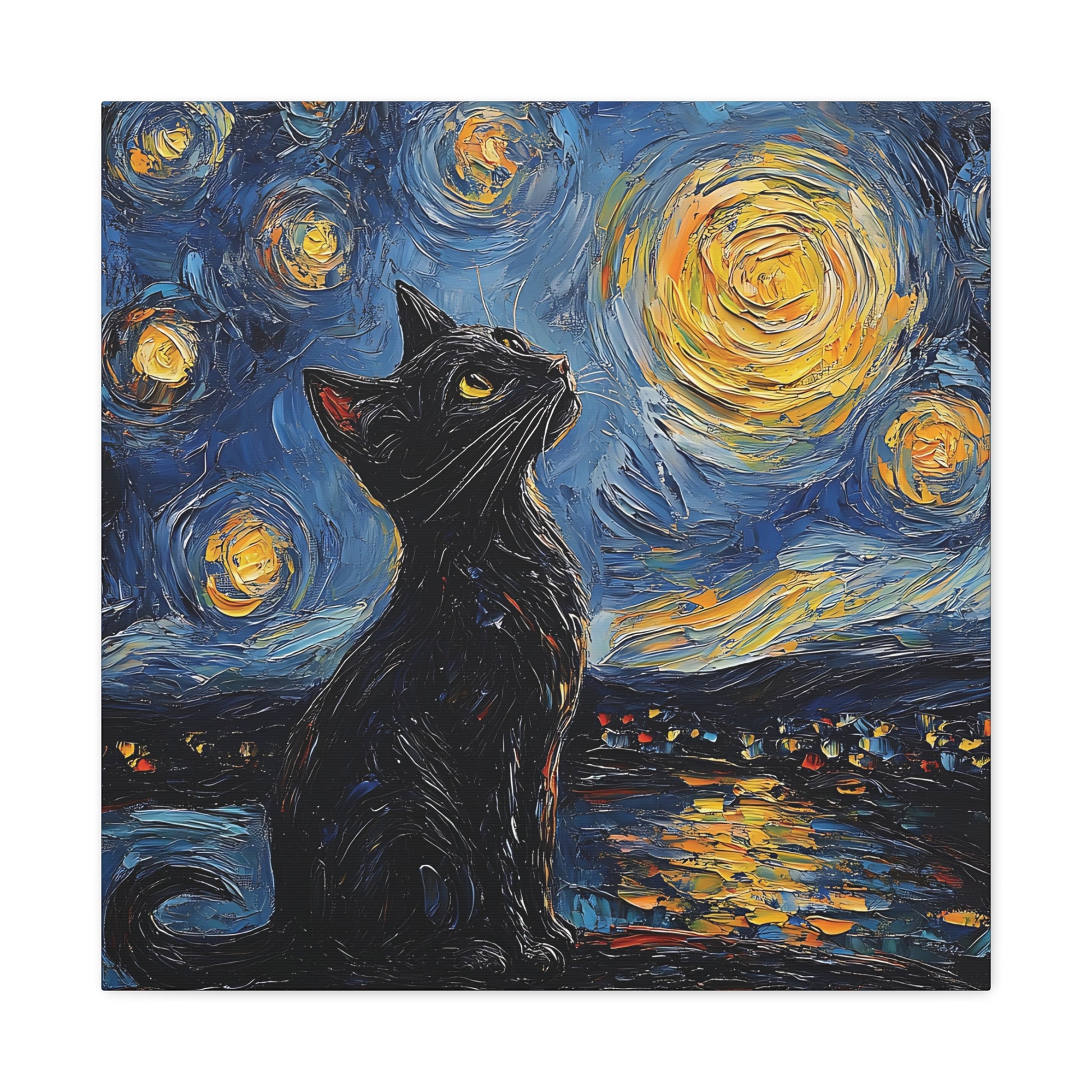 Black Starry Cat Canvas Wall Art Square - Canvasses