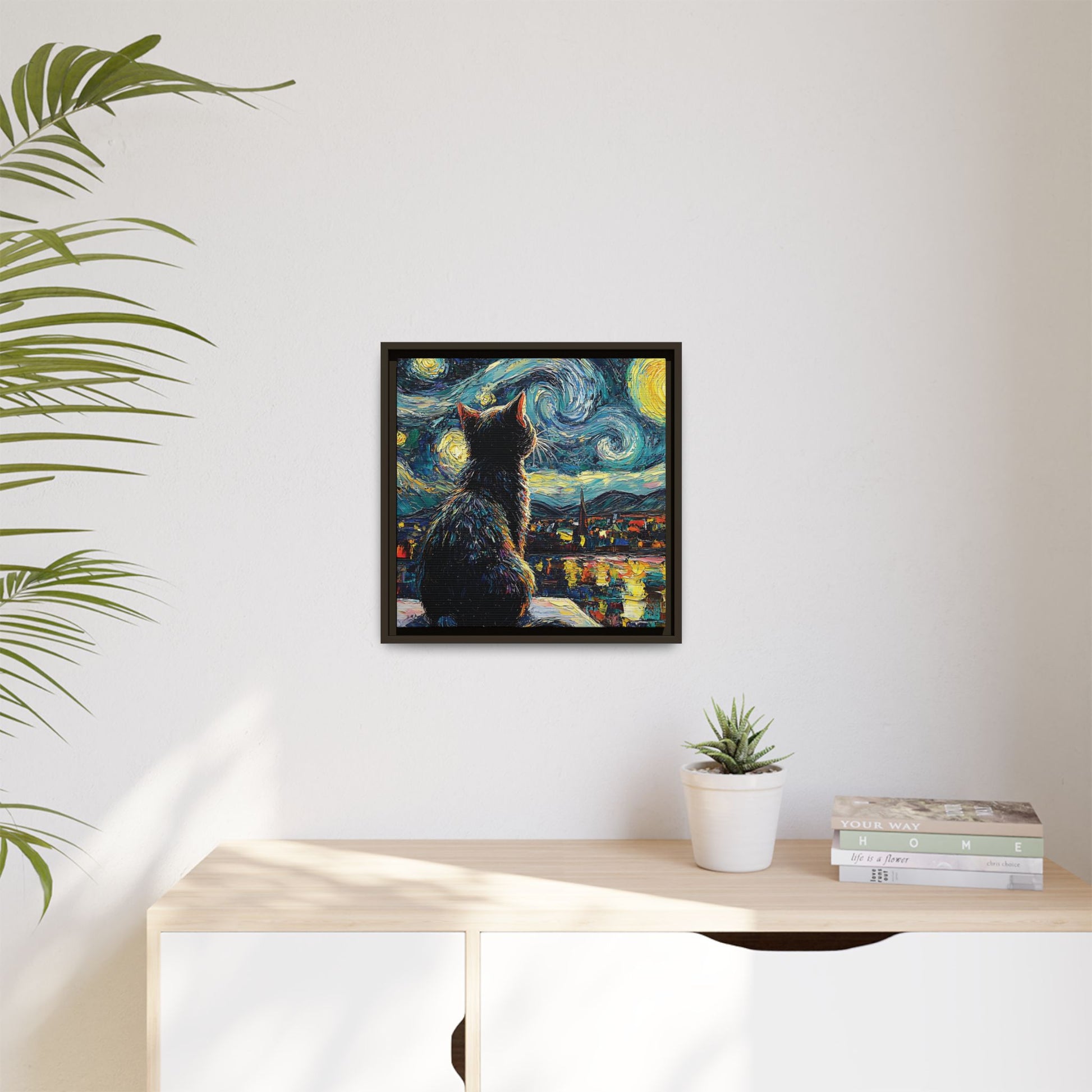 Starry Cat Framed Canvas Wall Art Square - Canvasses