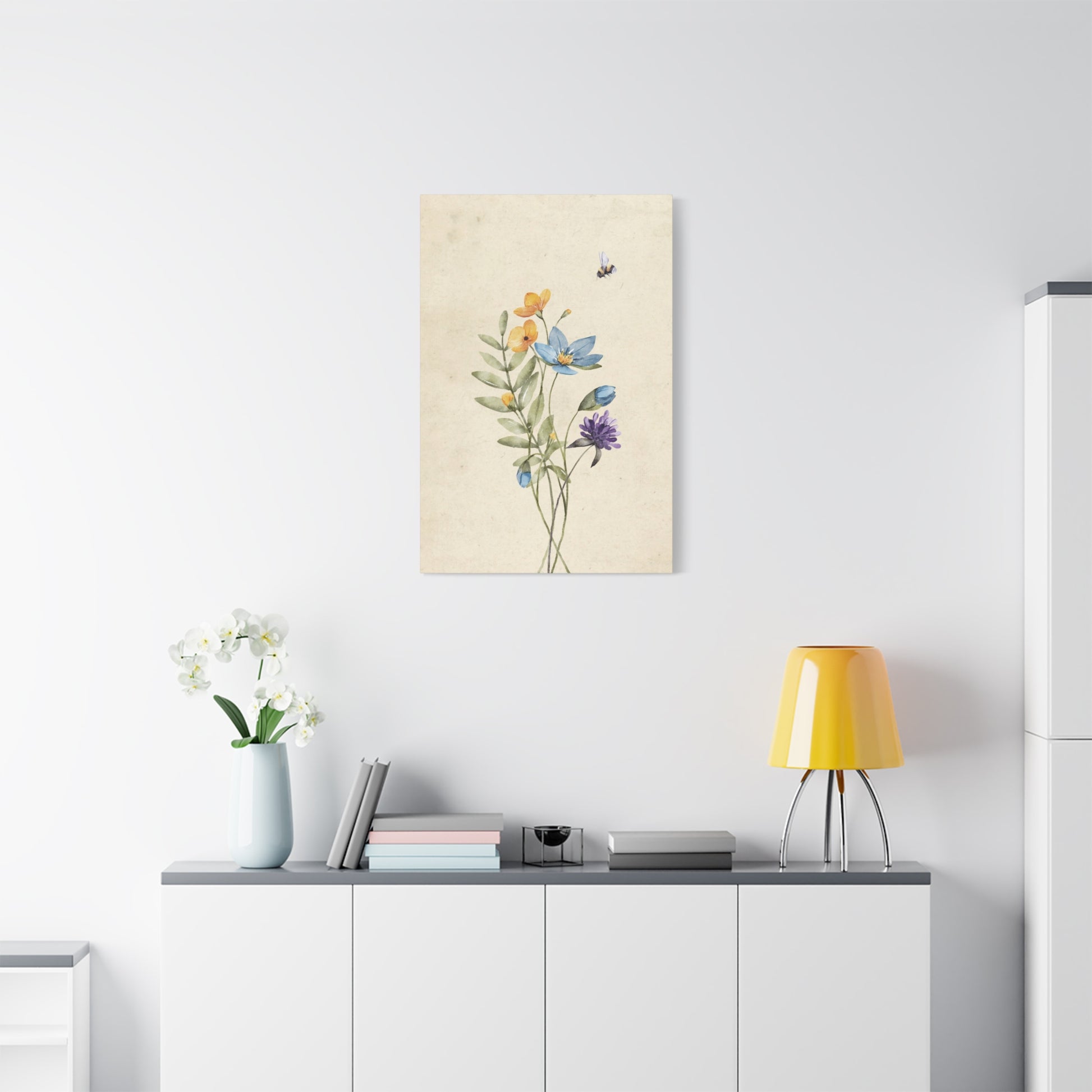 Vintage Wildflower Bee Canvas Wall Art Vertical - Canvasses