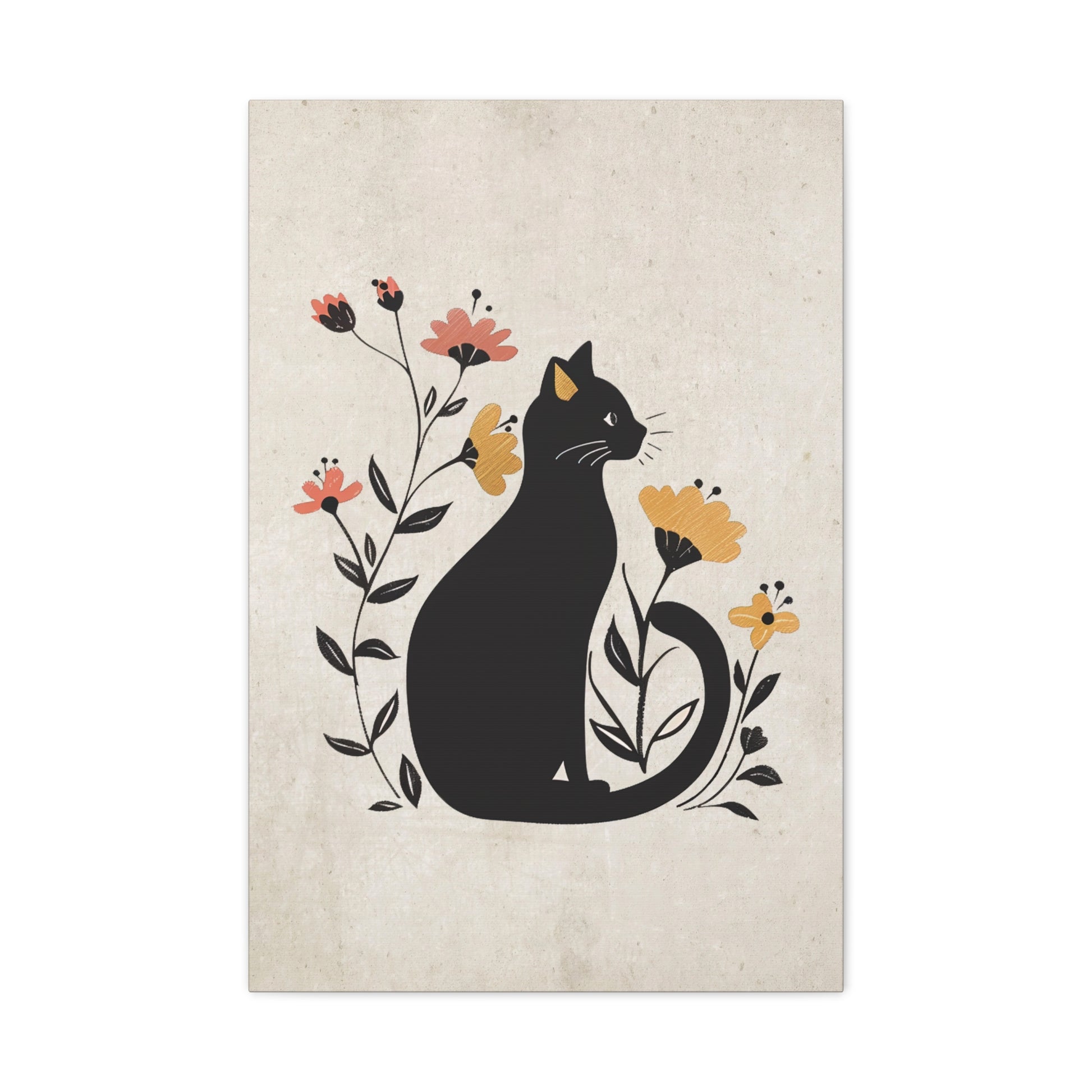 Floral Cat Silhouette Canvas Wall Art Vertical - Canvasses
