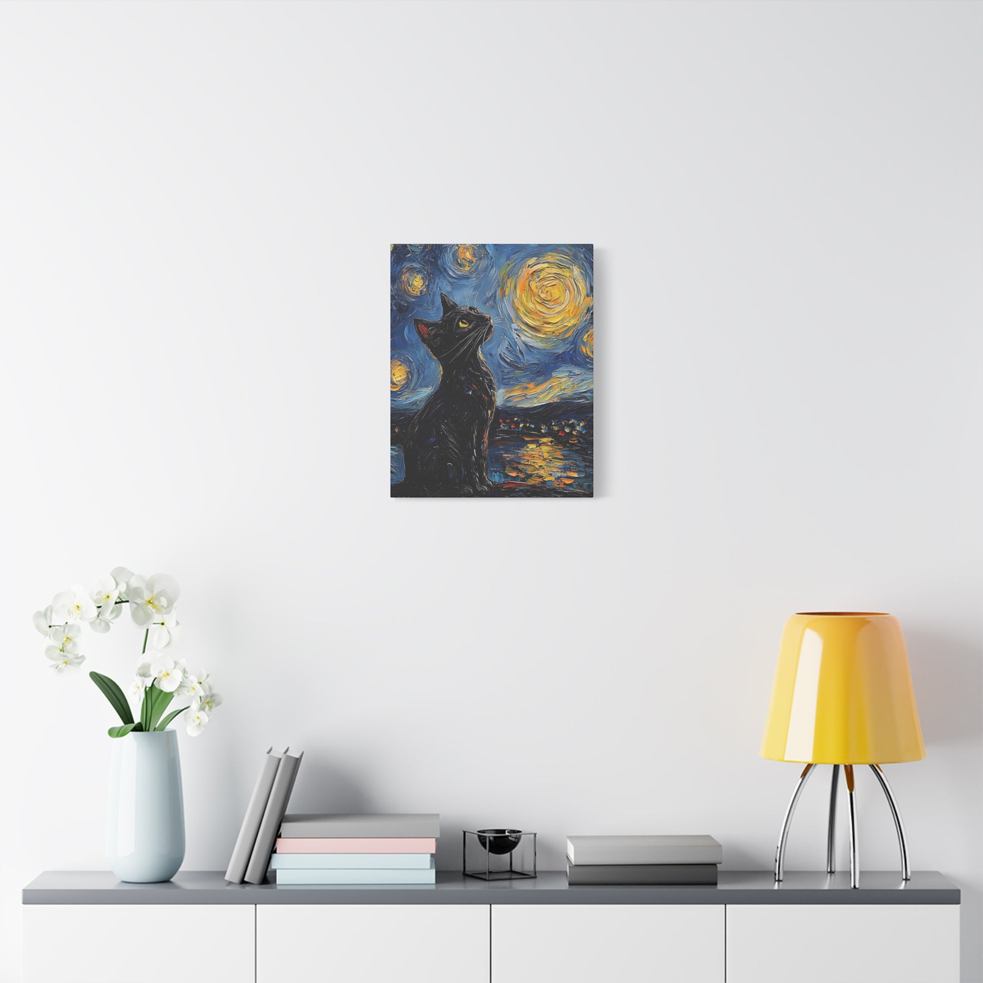 Black Starry Cat Canvas Wall Art Vertical - Canvasses