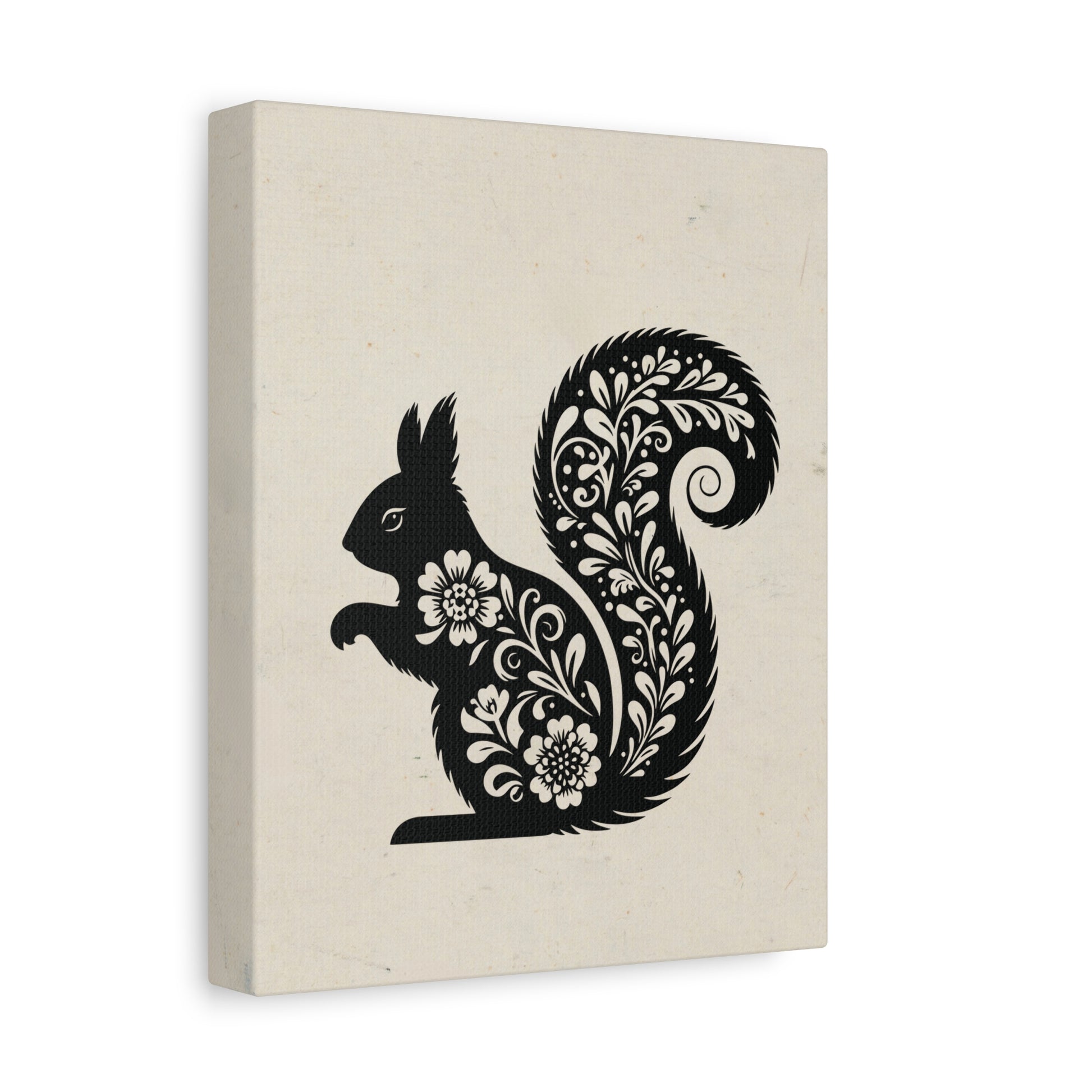 Floral Squirrel Silhouette Canvas Wall Art Vertical - Canvasses