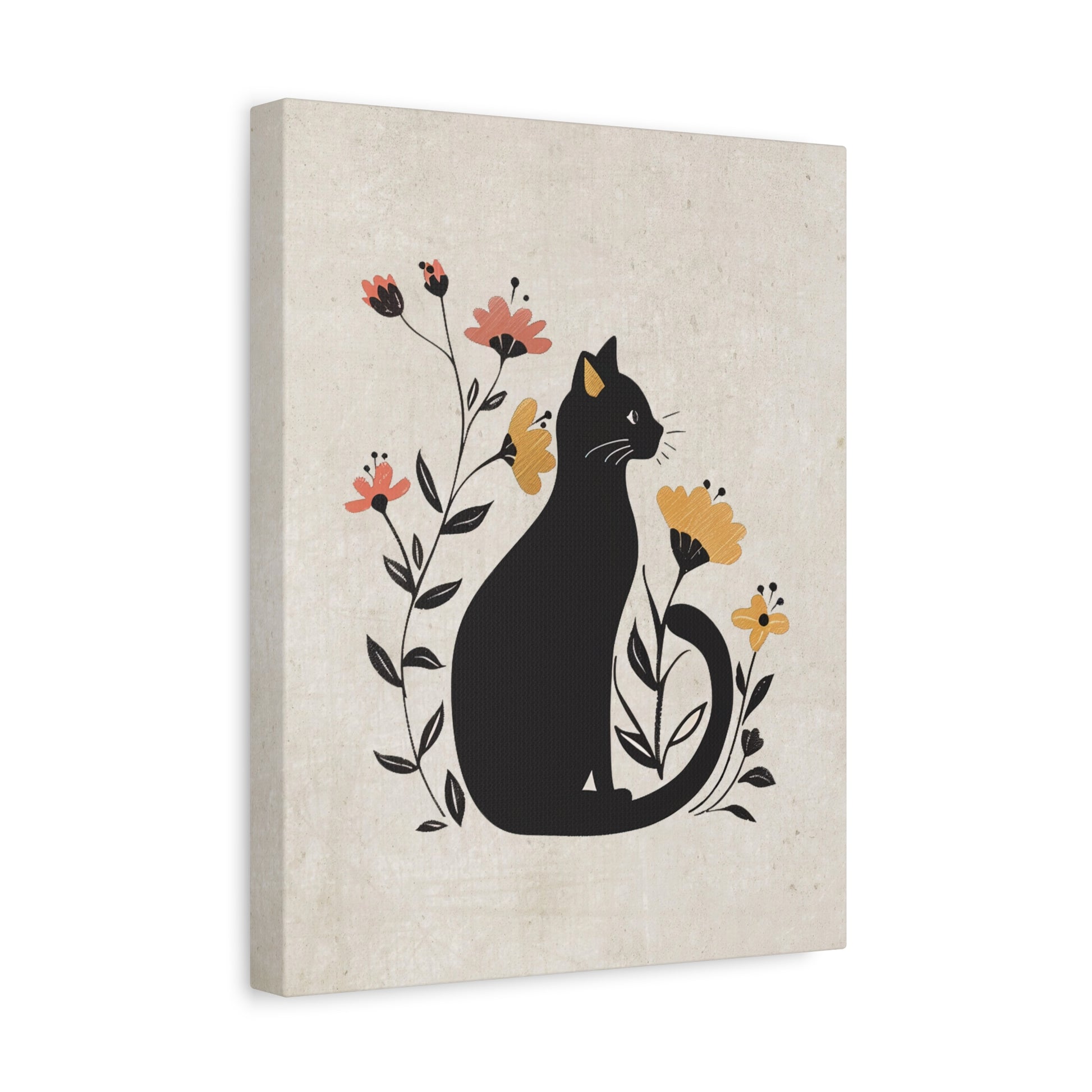 Floral Cat Silhouette Canvas Wall Art Vertical - Canvasses