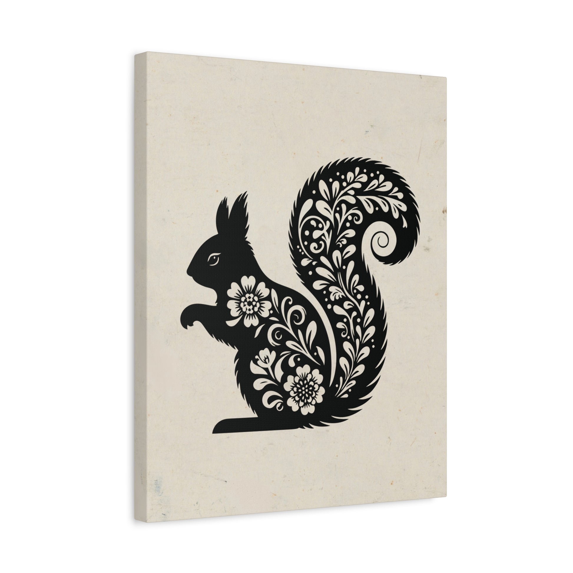 Floral Squirrel Silhouette Canvas Wall Art Vertical - Canvasses