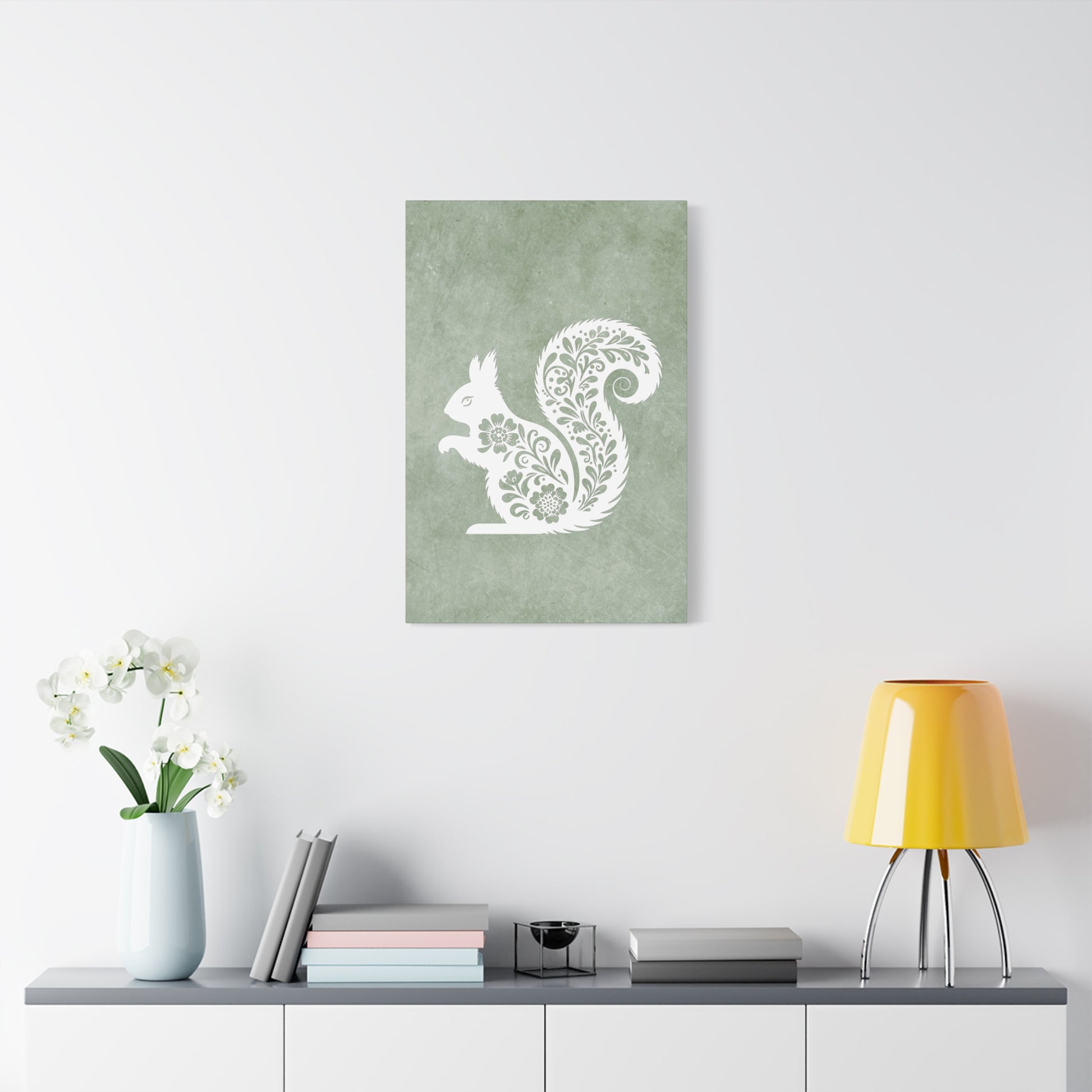 Silhouette Floral Squirrel Canvas Wall Art Vertical - Canvasses