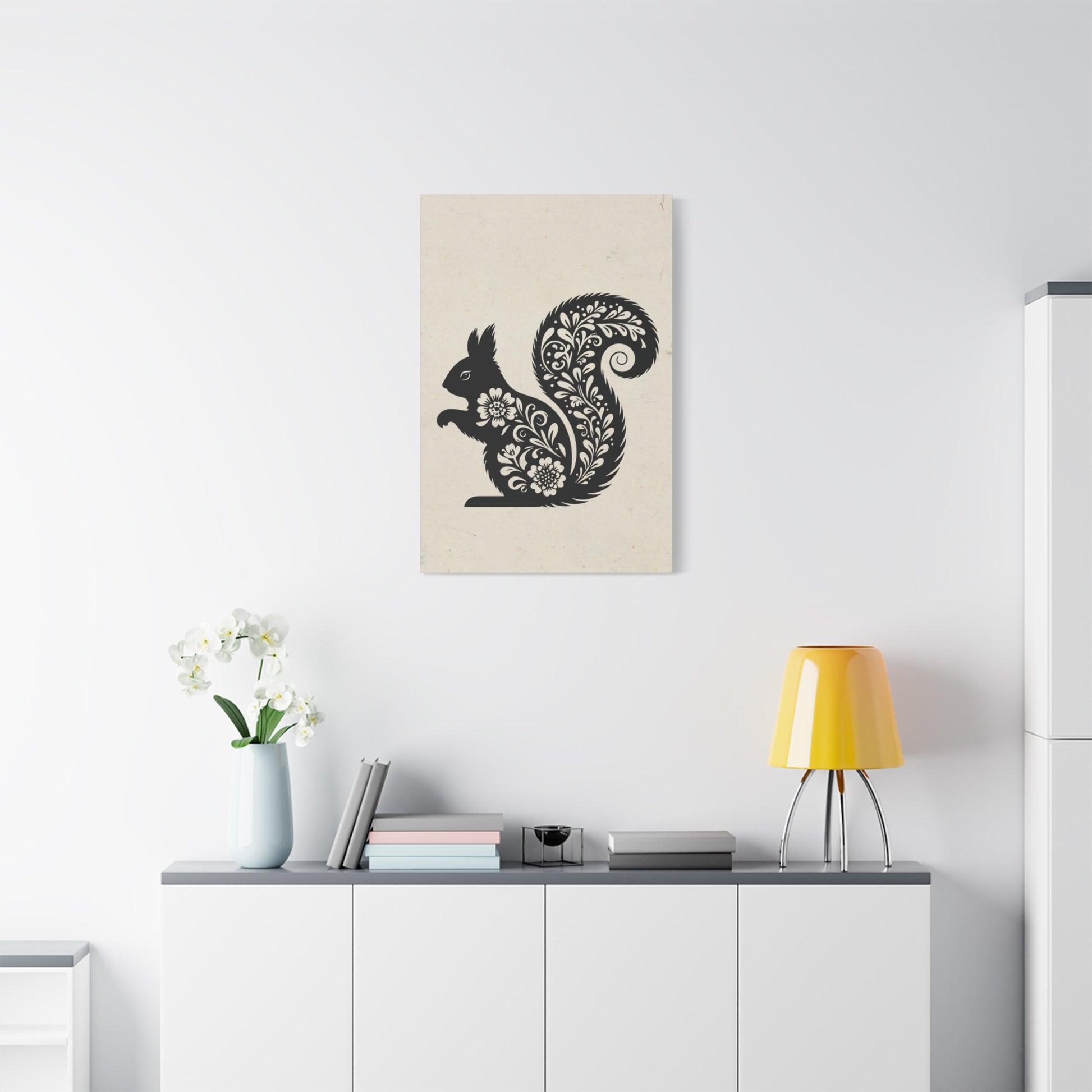 Floral Squirrel Silhouette Canvas Wall Art Vertical - Canvasses