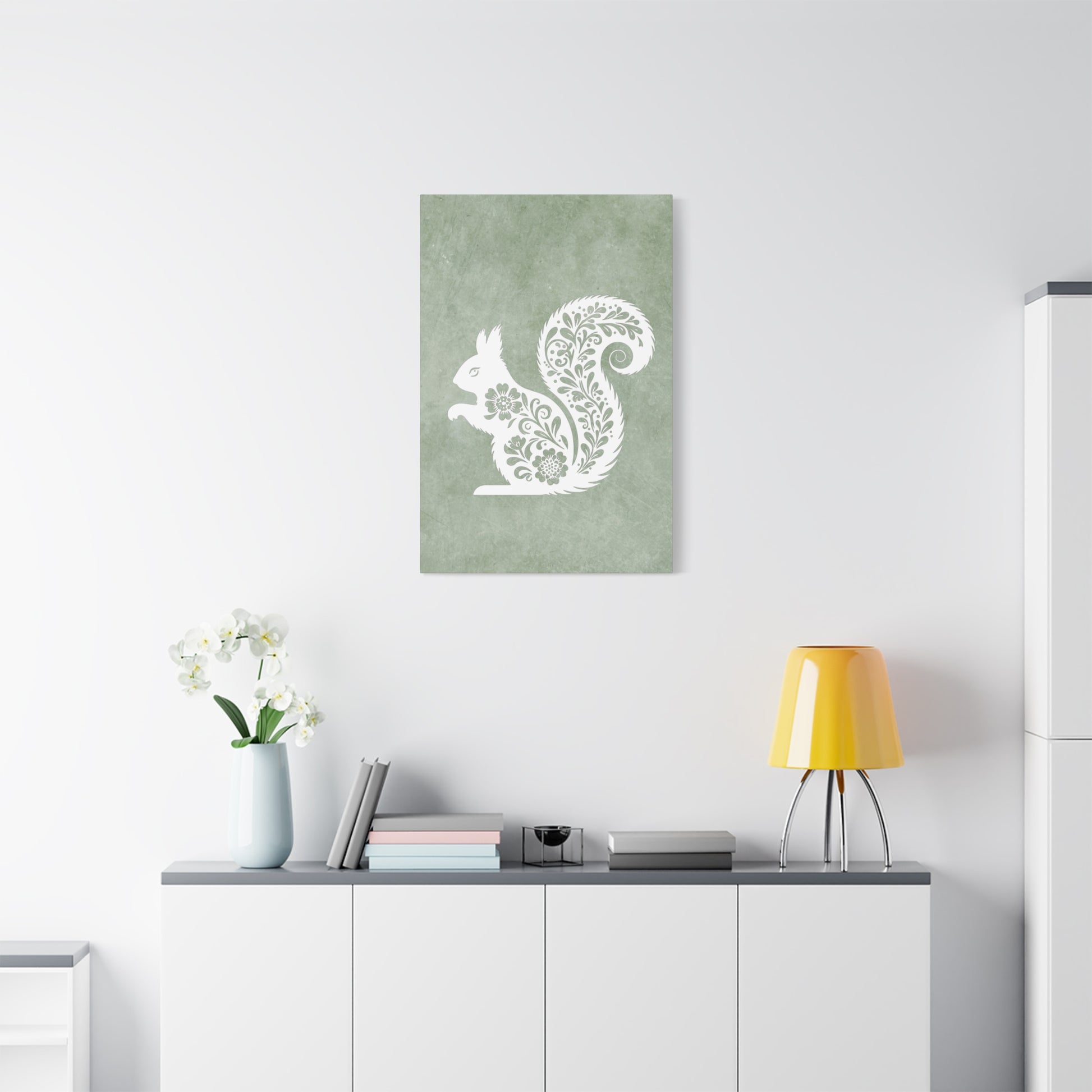 Silhouette Floral Squirrel Canvas Wall Art Vertical - Canvasses