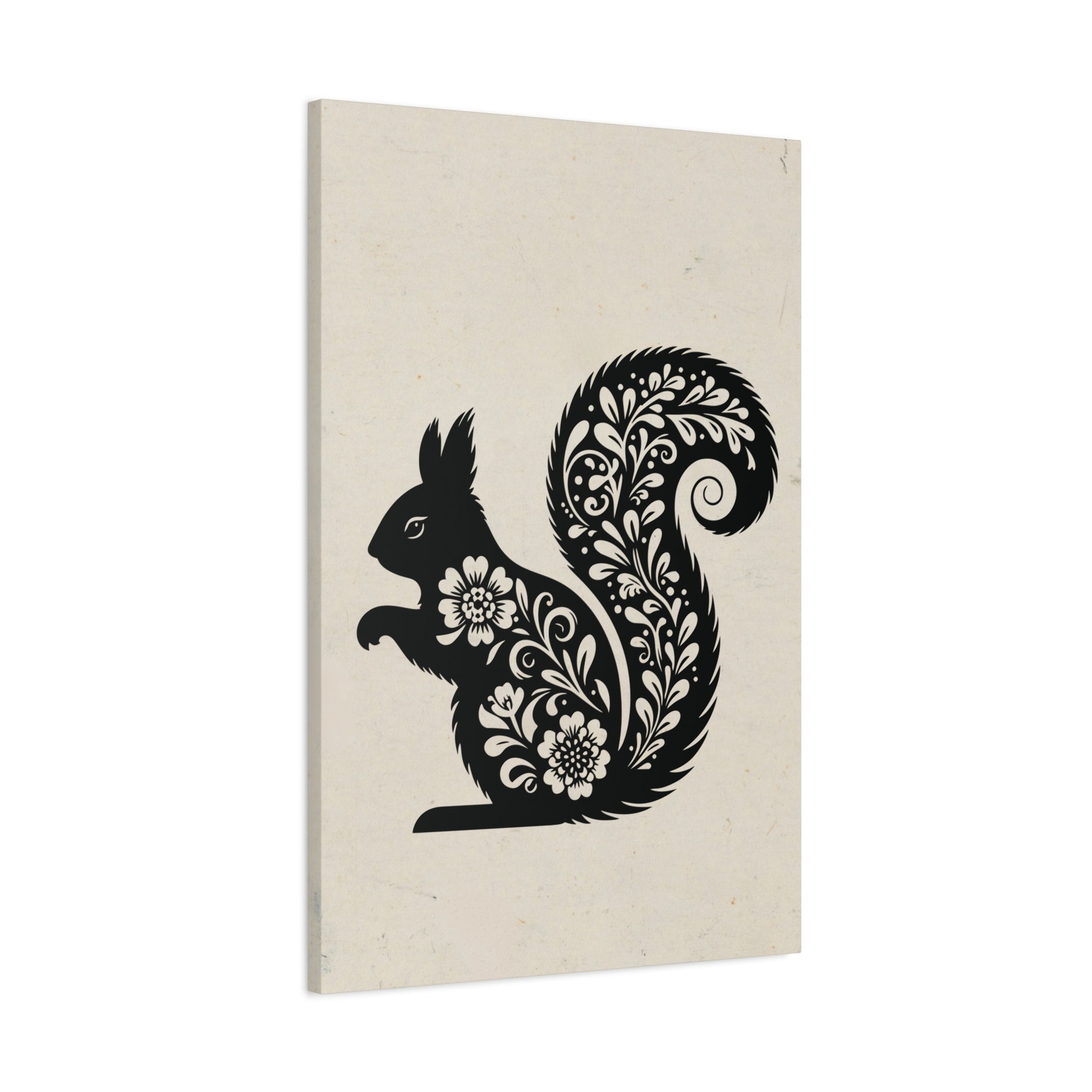 Floral Squirrel Silhouette Canvas Wall Art Vertical - Canvasses