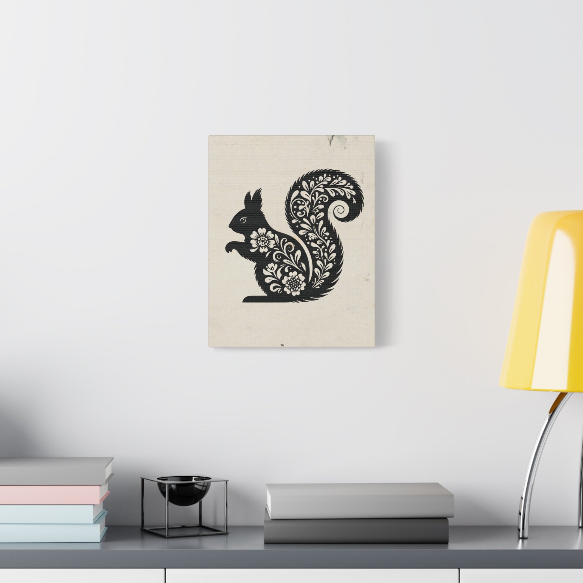 Floral Squirrel Silhouette Canvas Wall Art Vertical - Canvasses