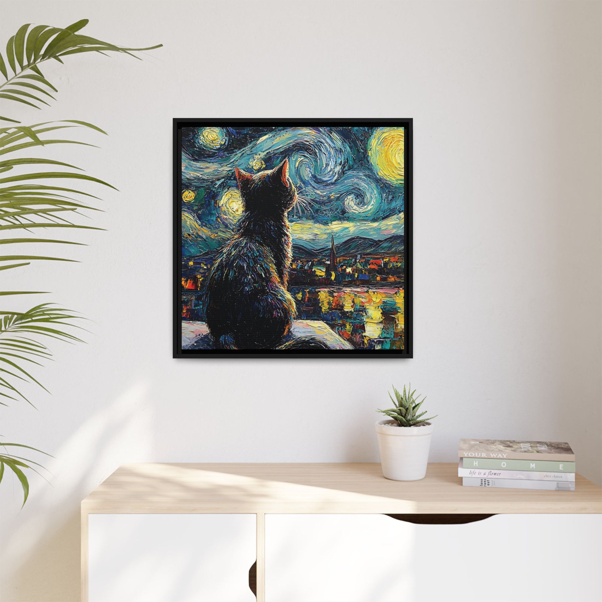 Starry Cat Framed Canvas Wall Art Square - Canvasses
