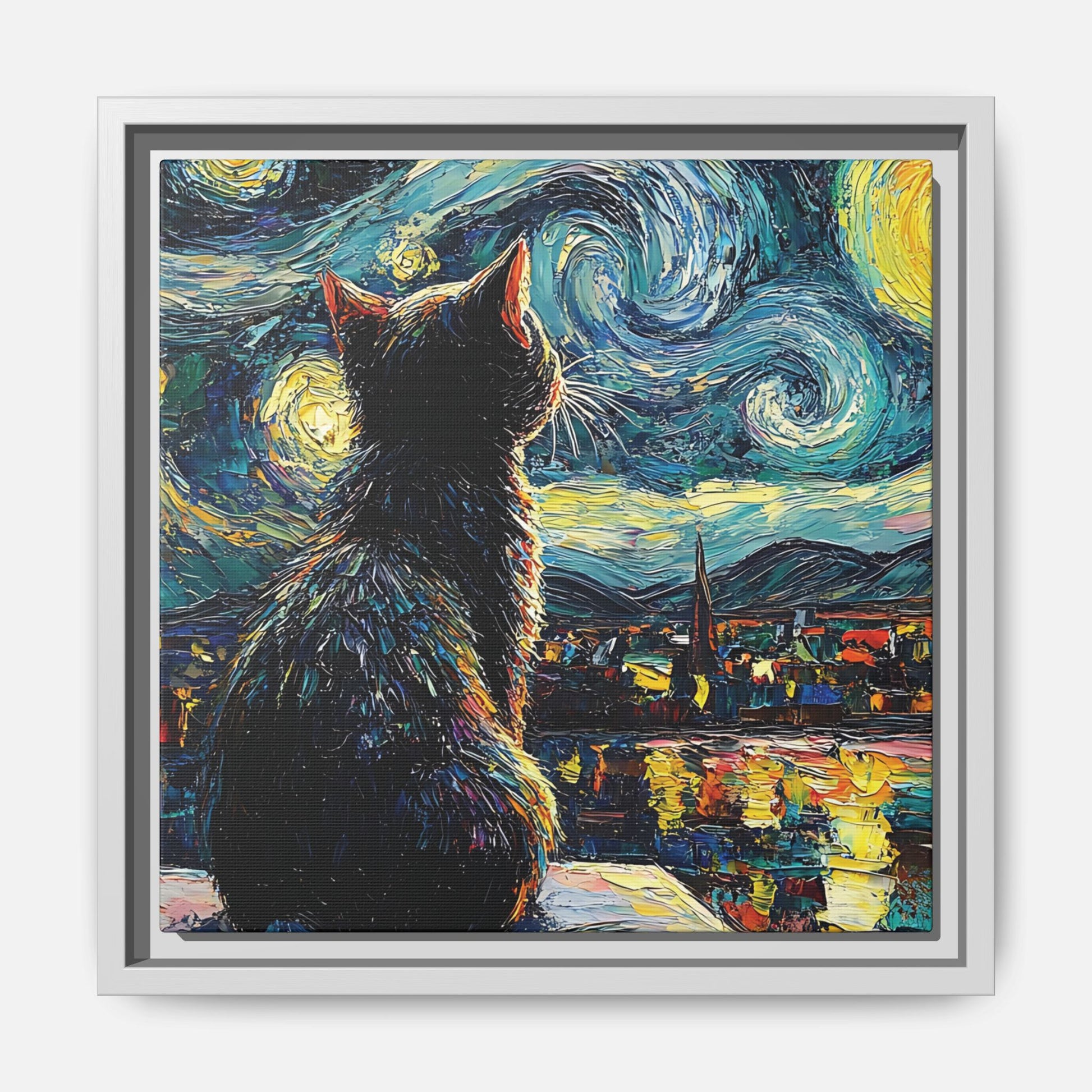 Starry Cat Framed Canvas Wall Art Square - Canvasses