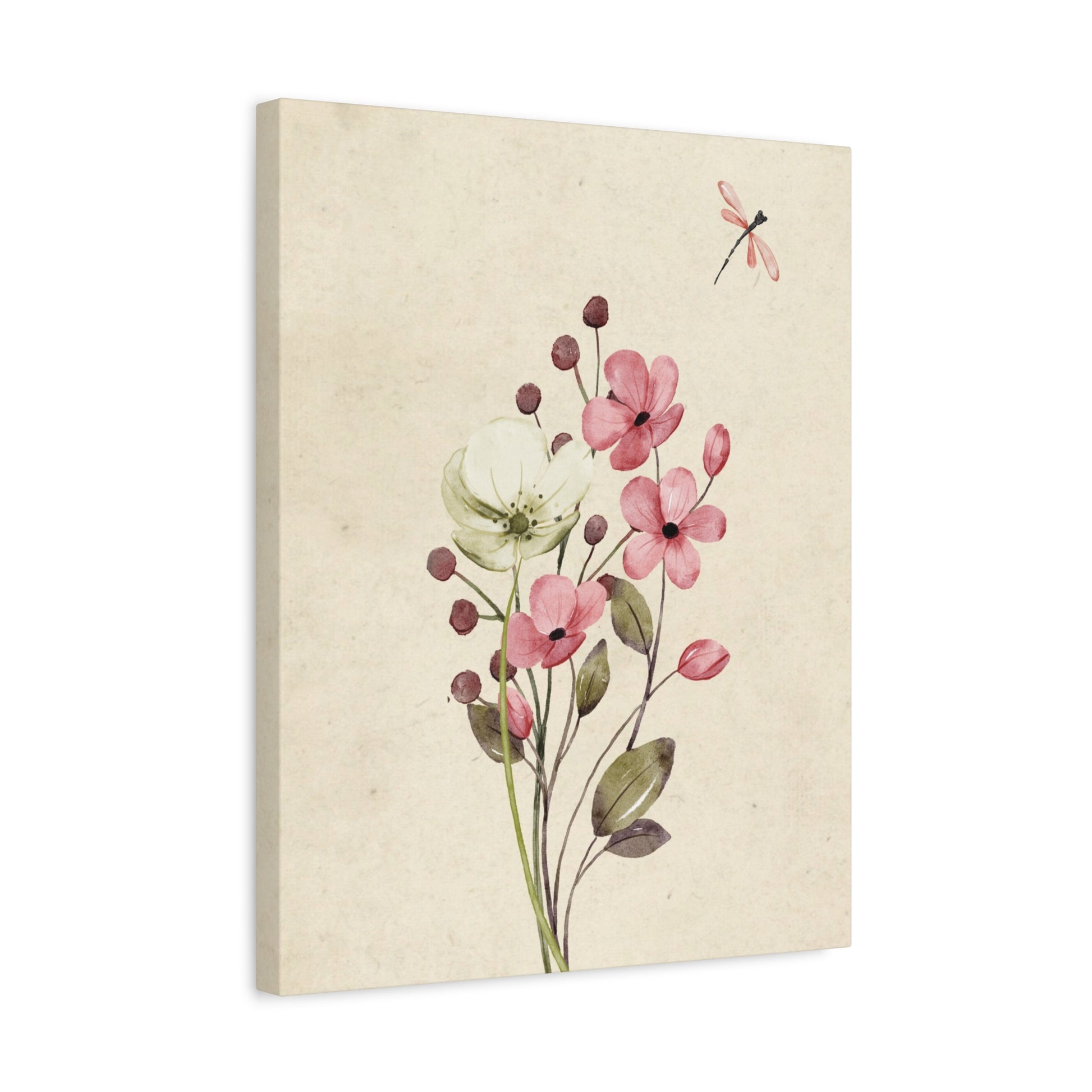 Vintage Wildflower Dragonfly Canvas Wall Art Vertical - Canvasses