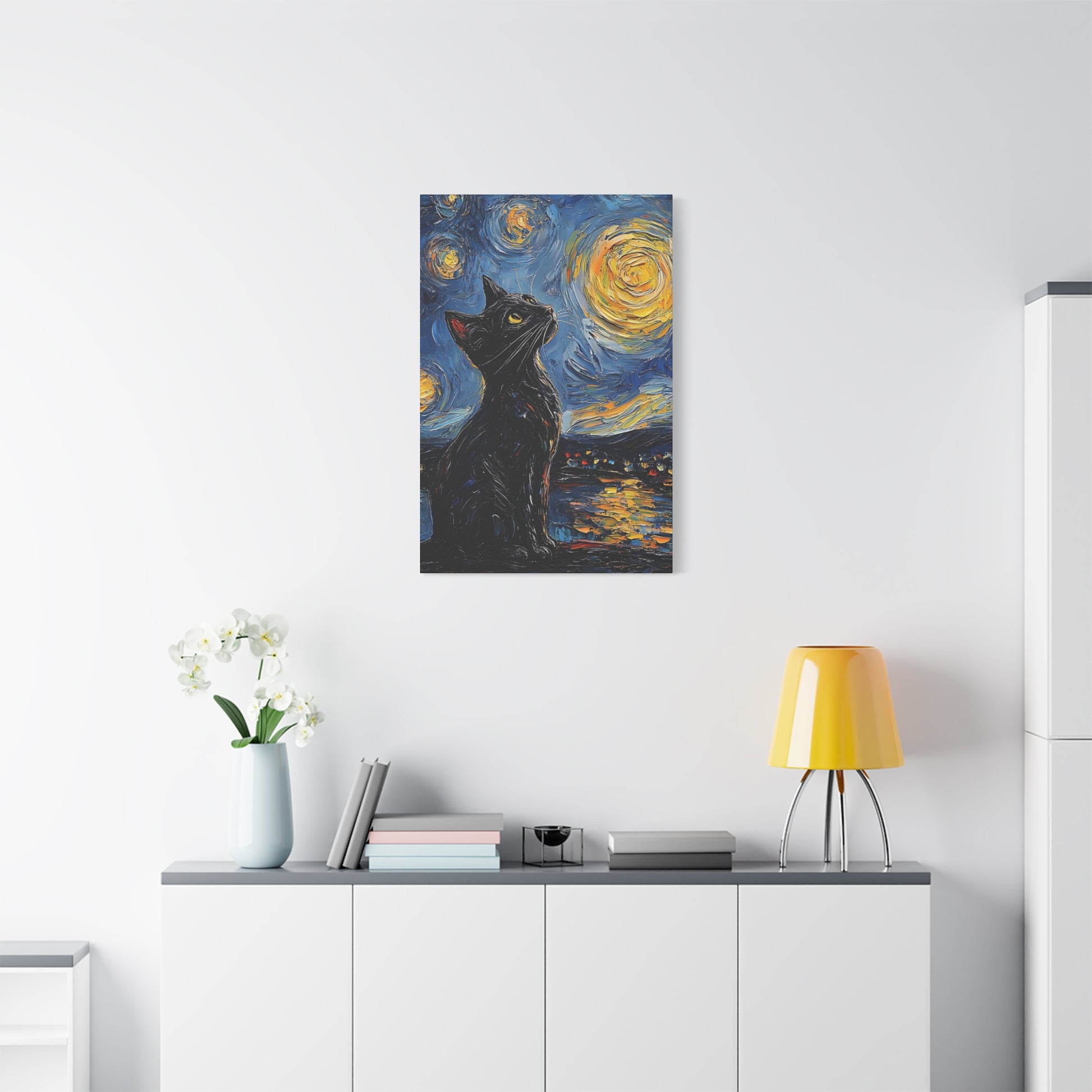 Black Starry Cat Canvas Wall Art Vertical - Canvasses