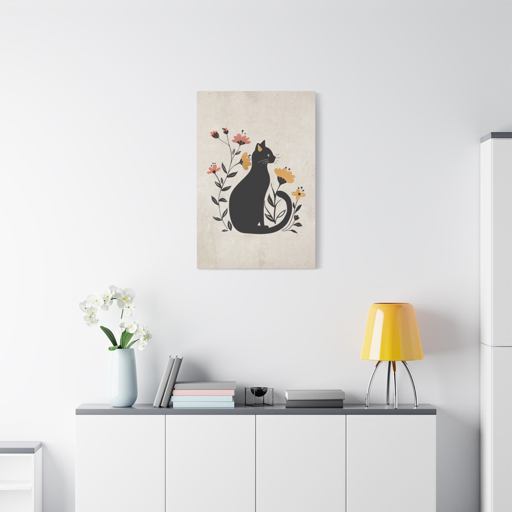 Floral Cat Silhouette Canvas Wall Art Vertical - Canvasses