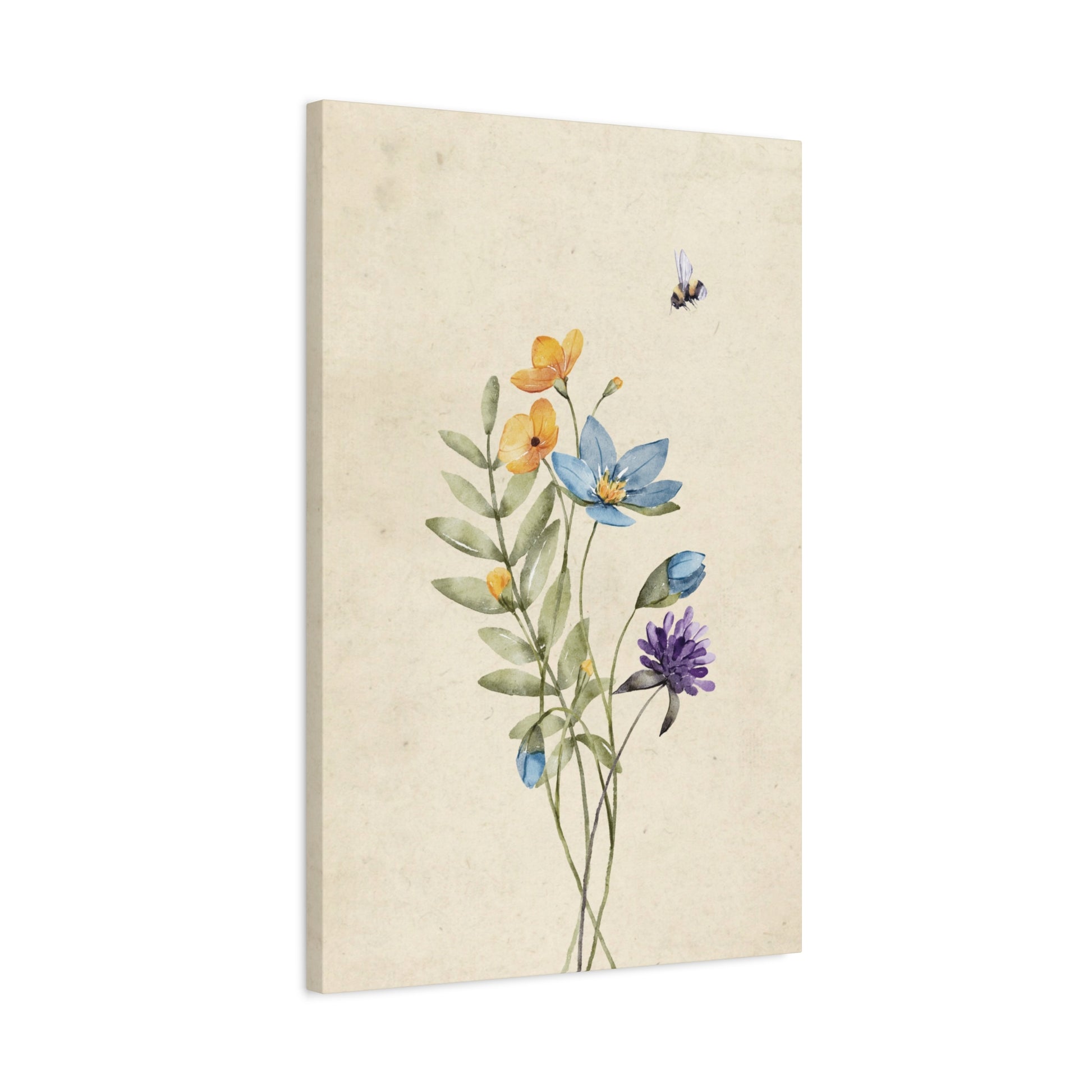 Vintage Wildflower Bee Canvas Wall Art Vertical - Canvasses