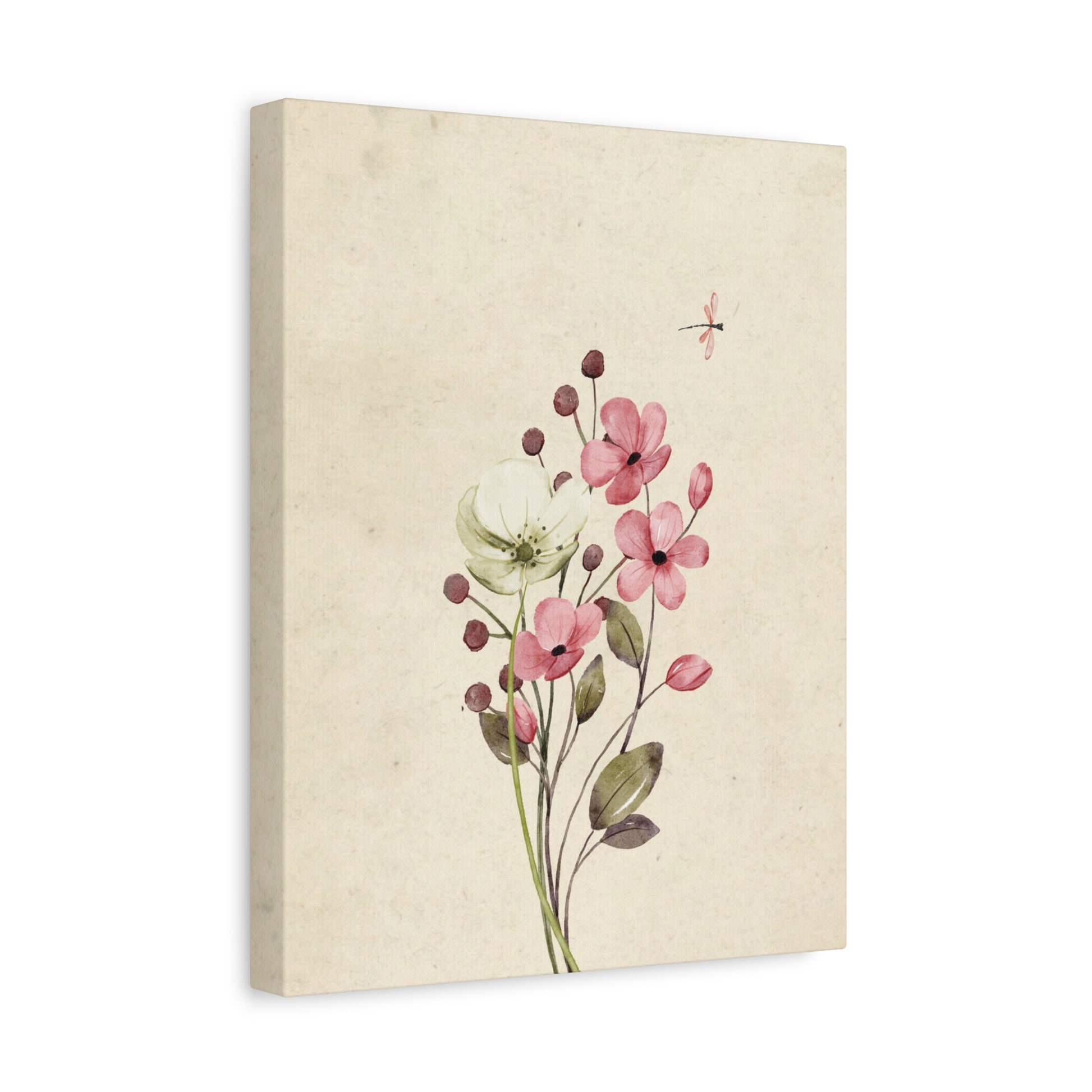 Vintage Wildflower Dragonfly Canvas Wall Art Vertical - Canvasses