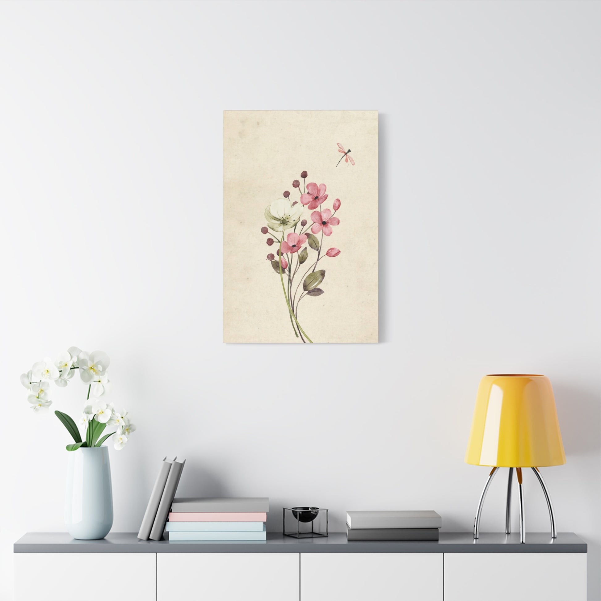 Vintage Wildflower Dragonfly Canvas Wall Art Vertical - Canvasses