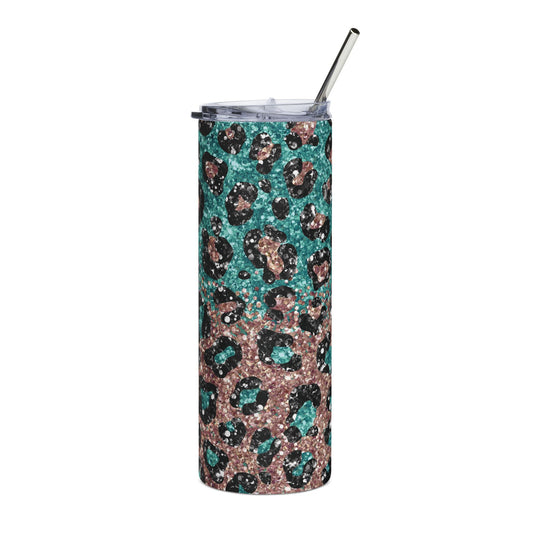 Turquoise Glitter Leopard 20 oz Skinny Tumbler - Canvasses