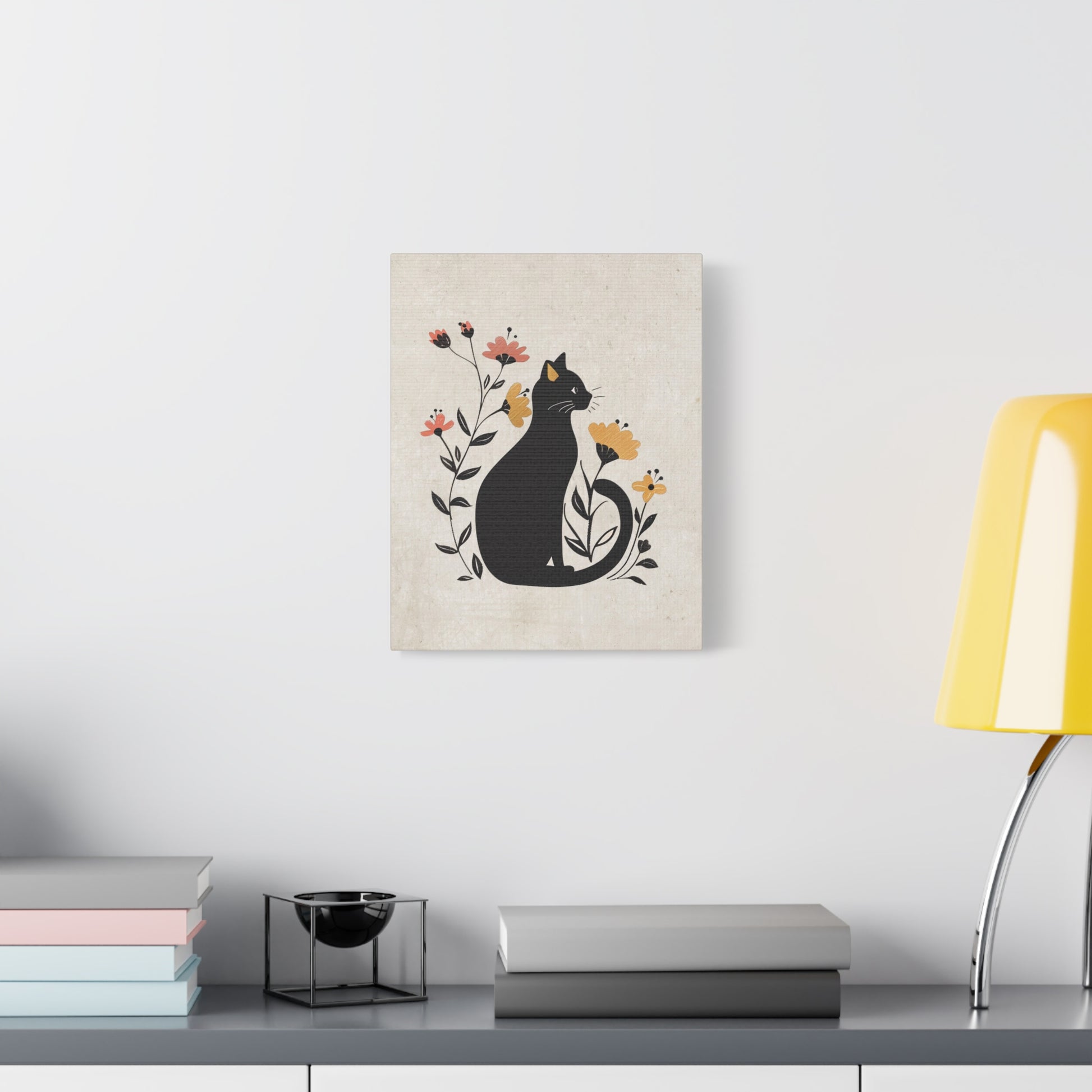 Floral Cat Silhouette Canvas Wall Art Vertical - Canvasses