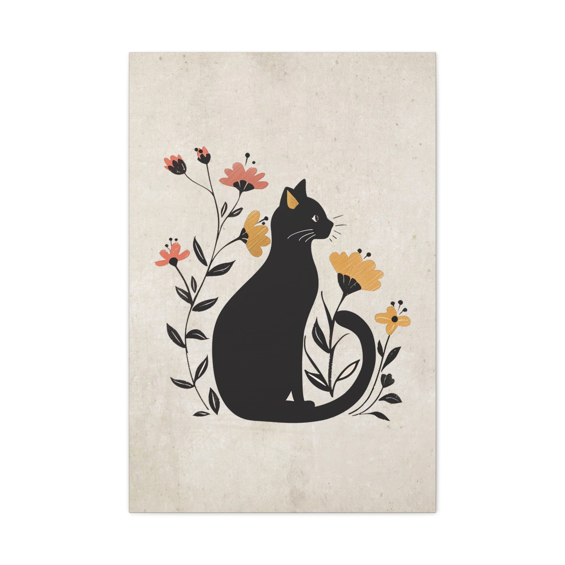 Floral Cat Silhouette Canvas Wall Art Vertical - Canvasses