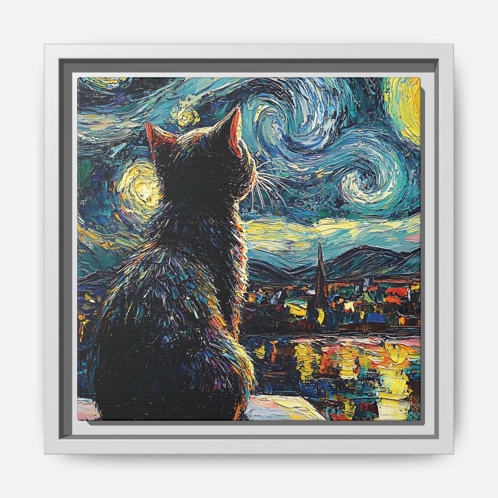 Starry Cat Framed Canvas Wall Art Square - Canvasses