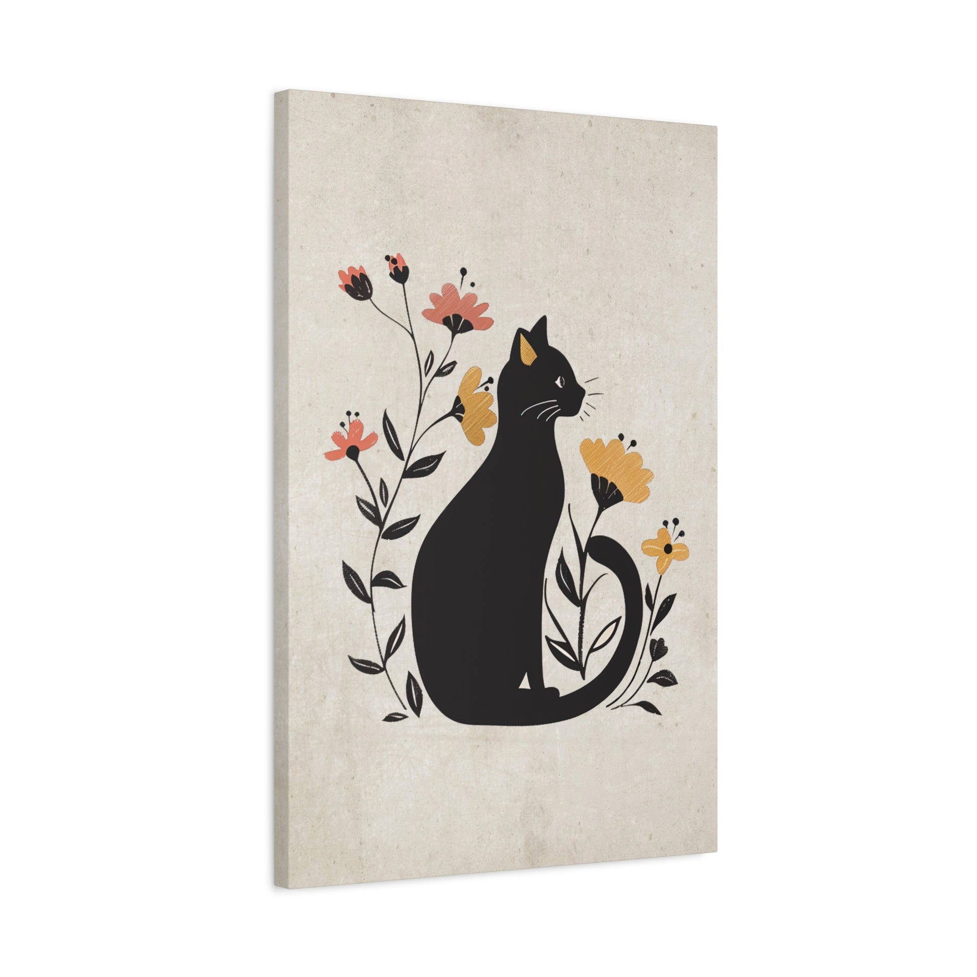 Floral Cat Silhouette Canvas Wall Art Vertical - Canvasses