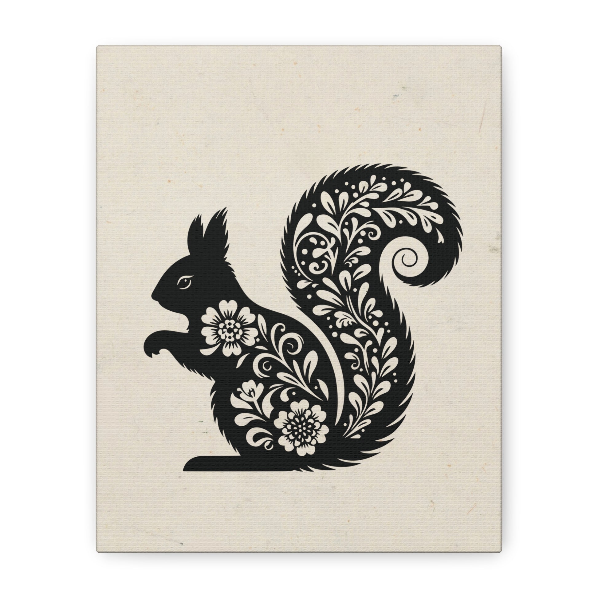 Floral Squirrel Silhouette Canvas Wall Art Vertical - Canvasses