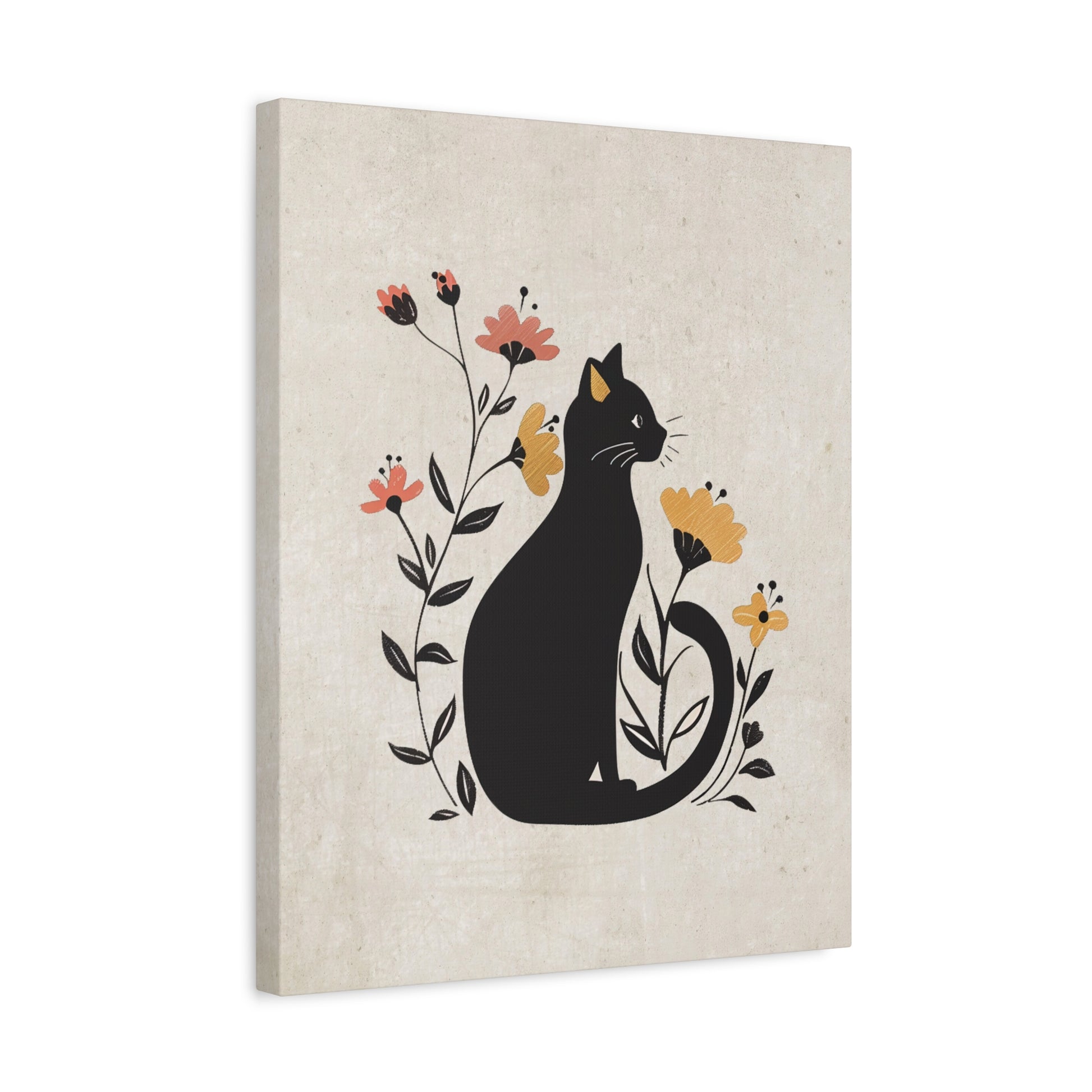 Floral Cat Silhouette Canvas Wall Art Vertical - Canvasses