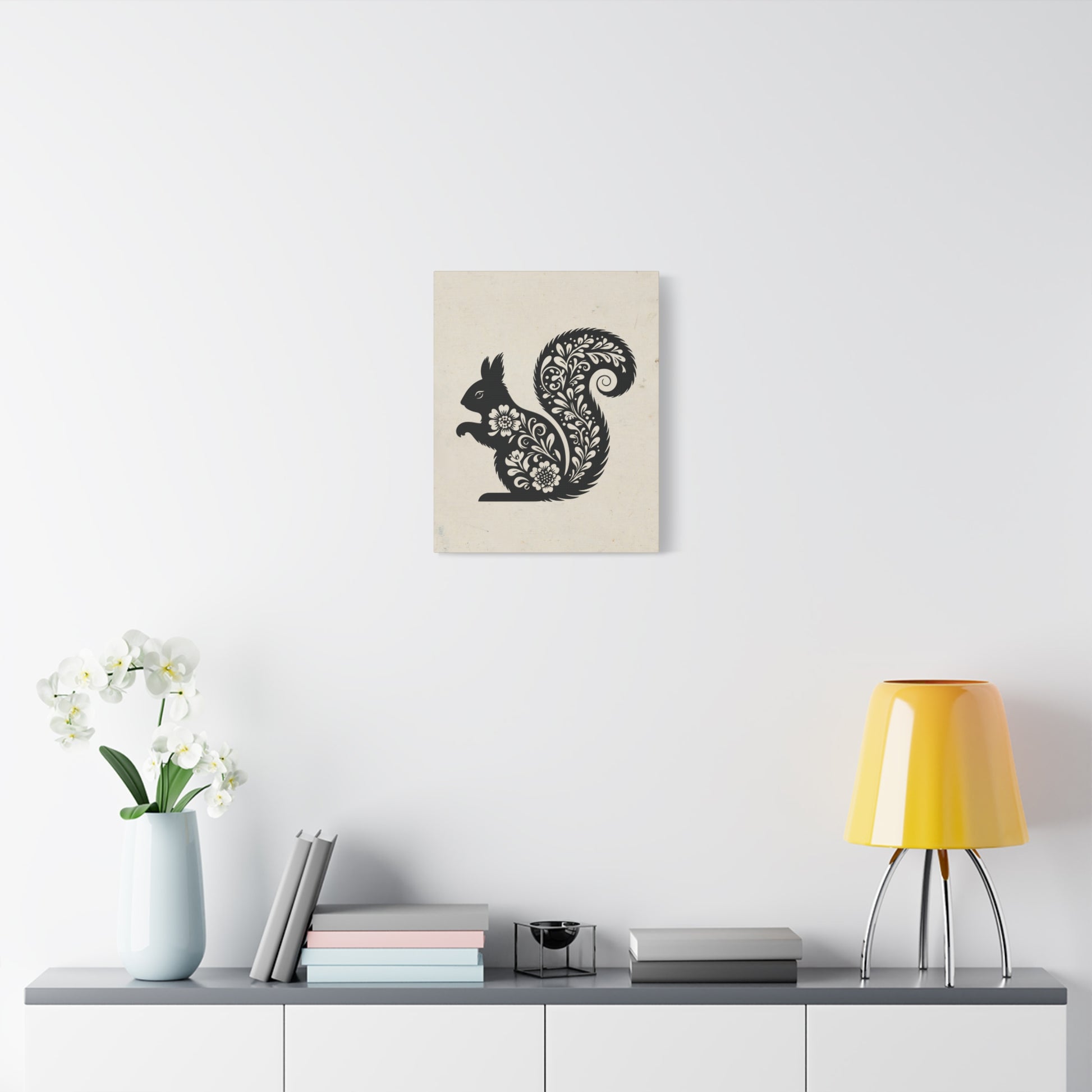 Floral Squirrel Silhouette Canvas Wall Art Vertical - Canvasses