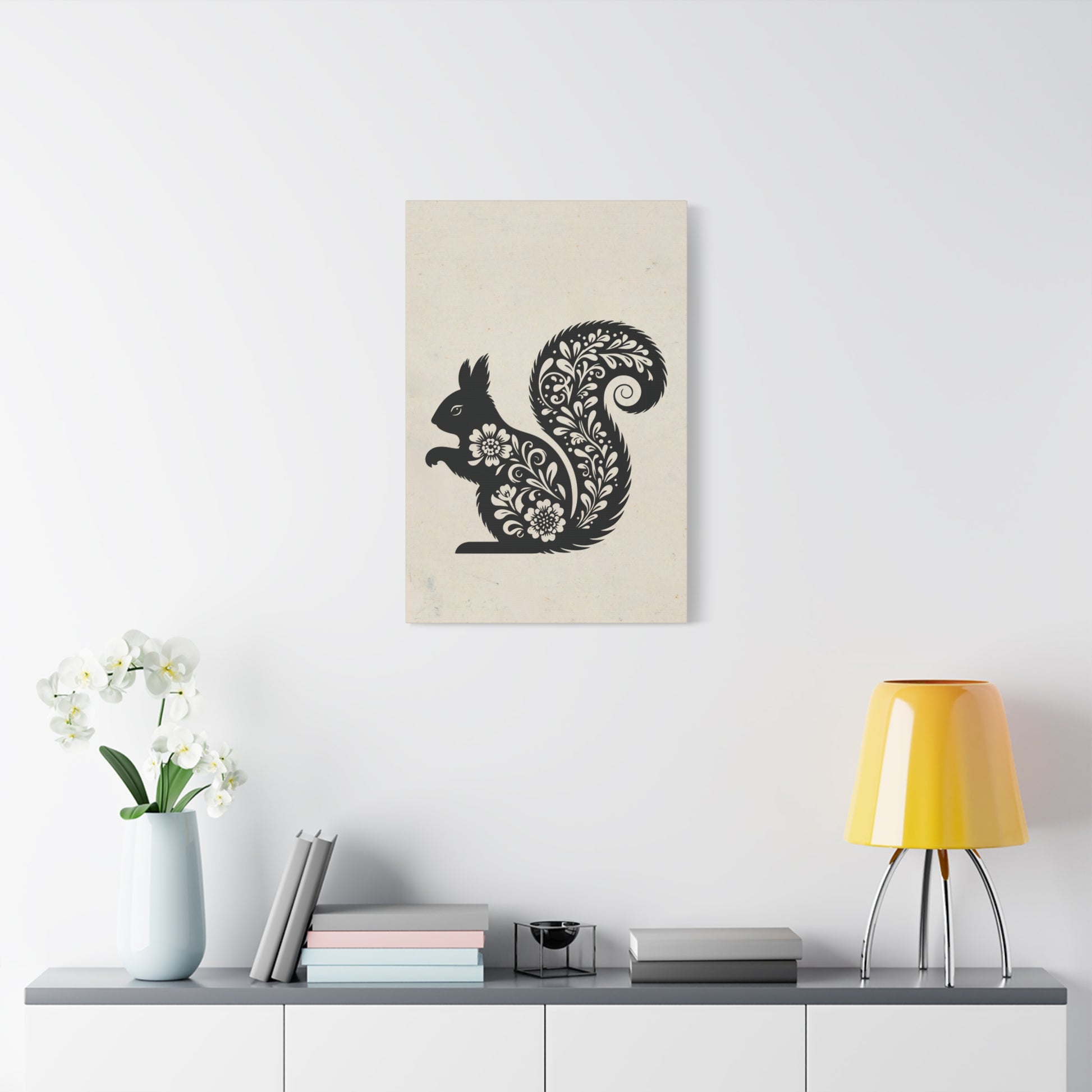 Floral Squirrel Silhouette Canvas Wall Art Vertical - Canvasses