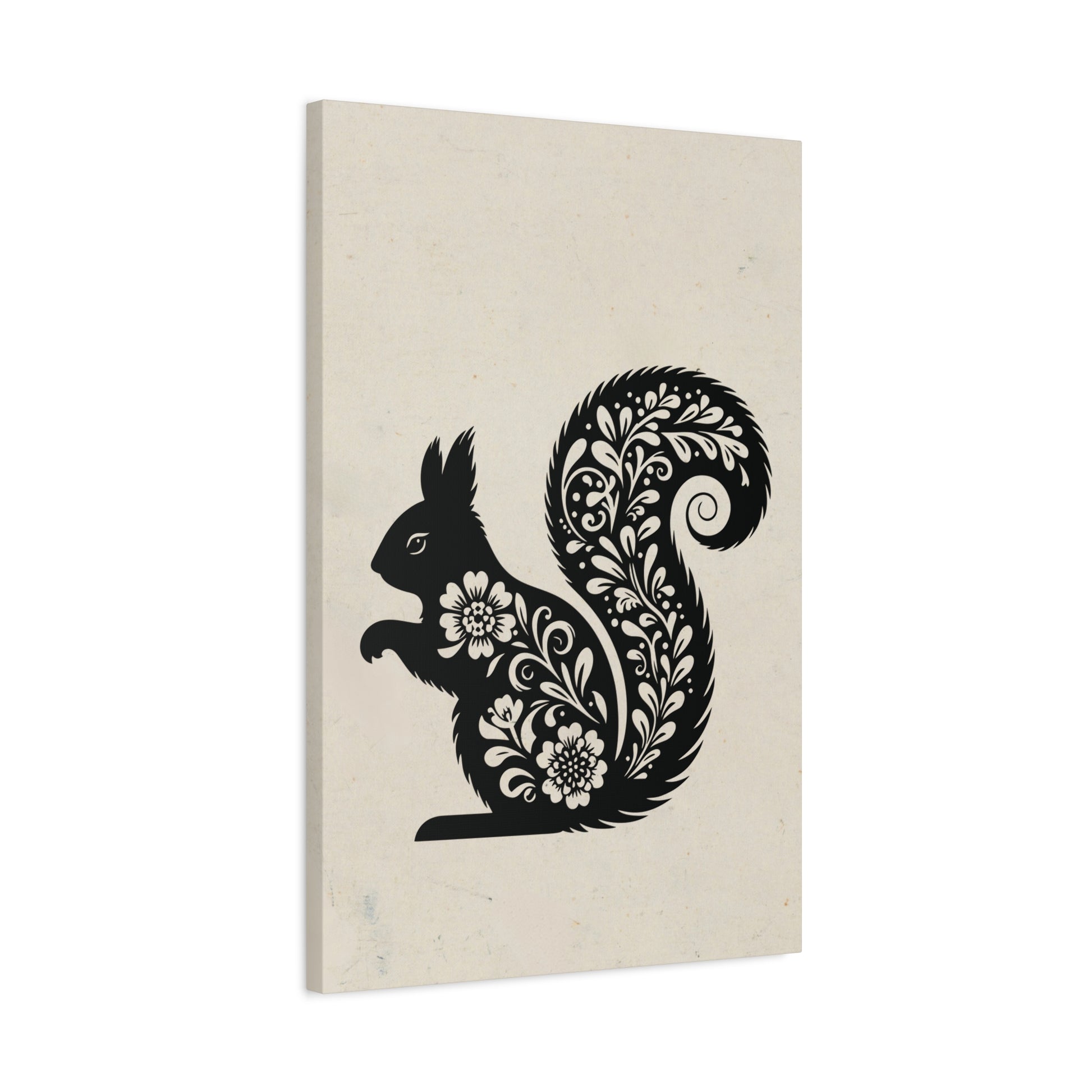 Floral Squirrel Silhouette Canvas Wall Art Vertical - Canvasses