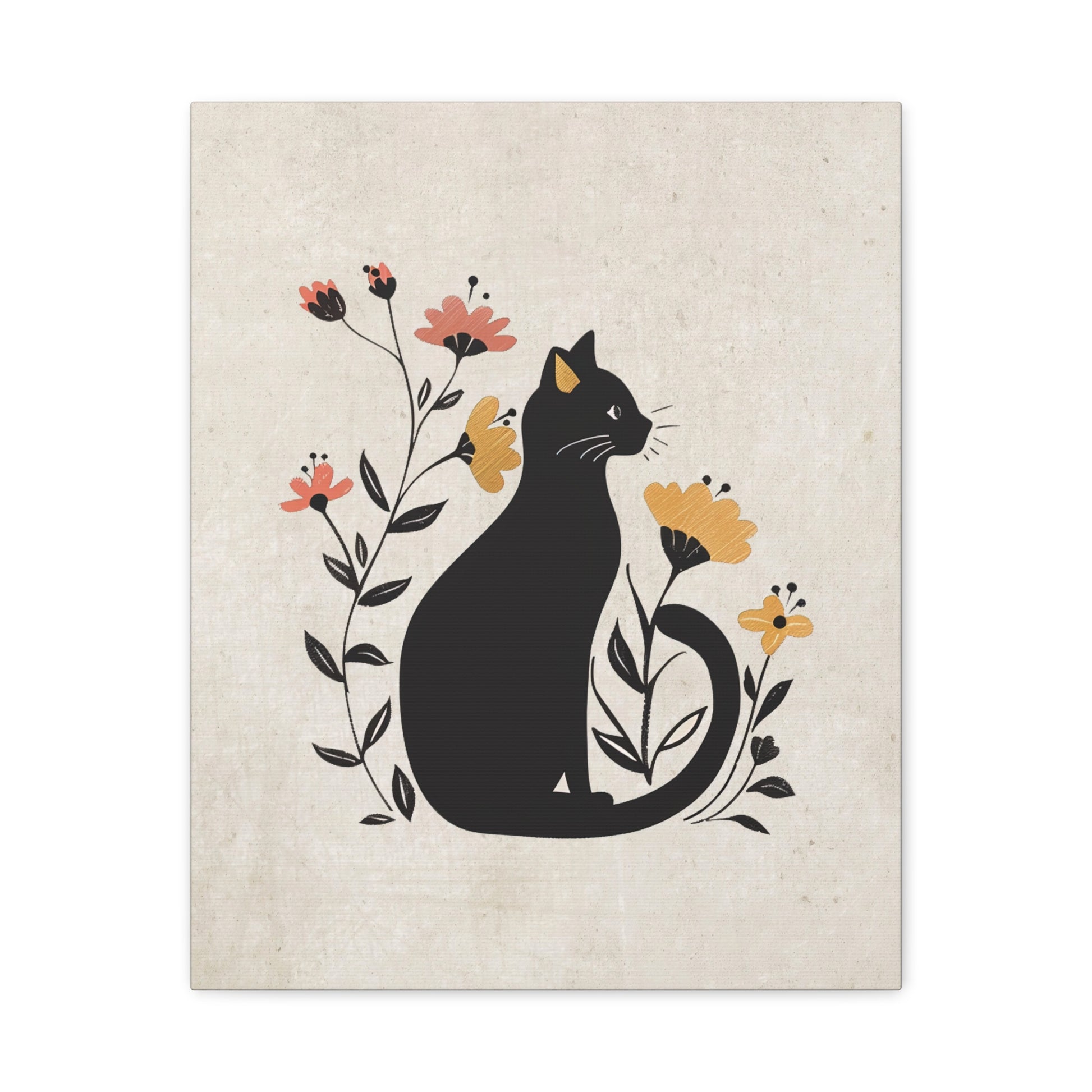 Floral Cat Silhouette Canvas Wall Art Vertical - Canvasses