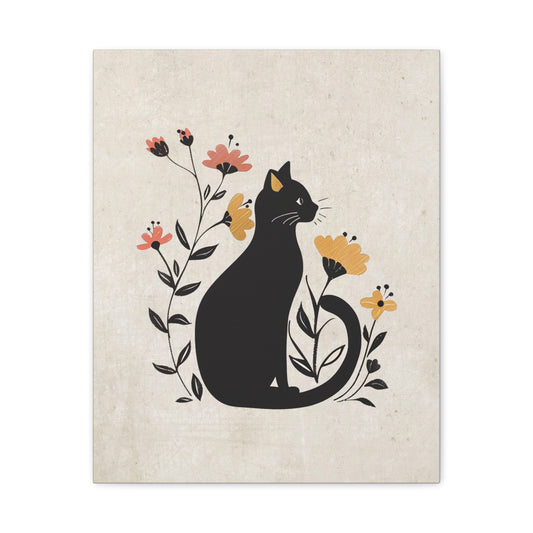 Floral Cat Silhouette Canvas Wall Art Vertical - Canvasses