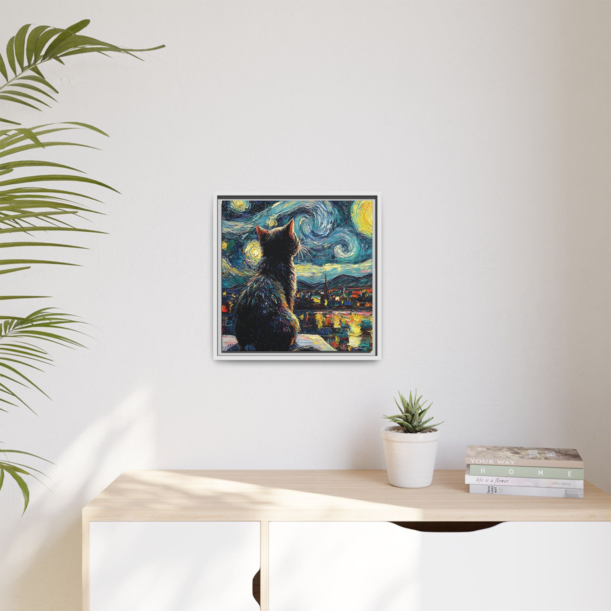 Starry Cat Framed Canvas Wall Art Square - Canvasses