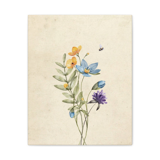 Vintage Wildflower Bee Canvas Wall Art Vertical - Canvasses