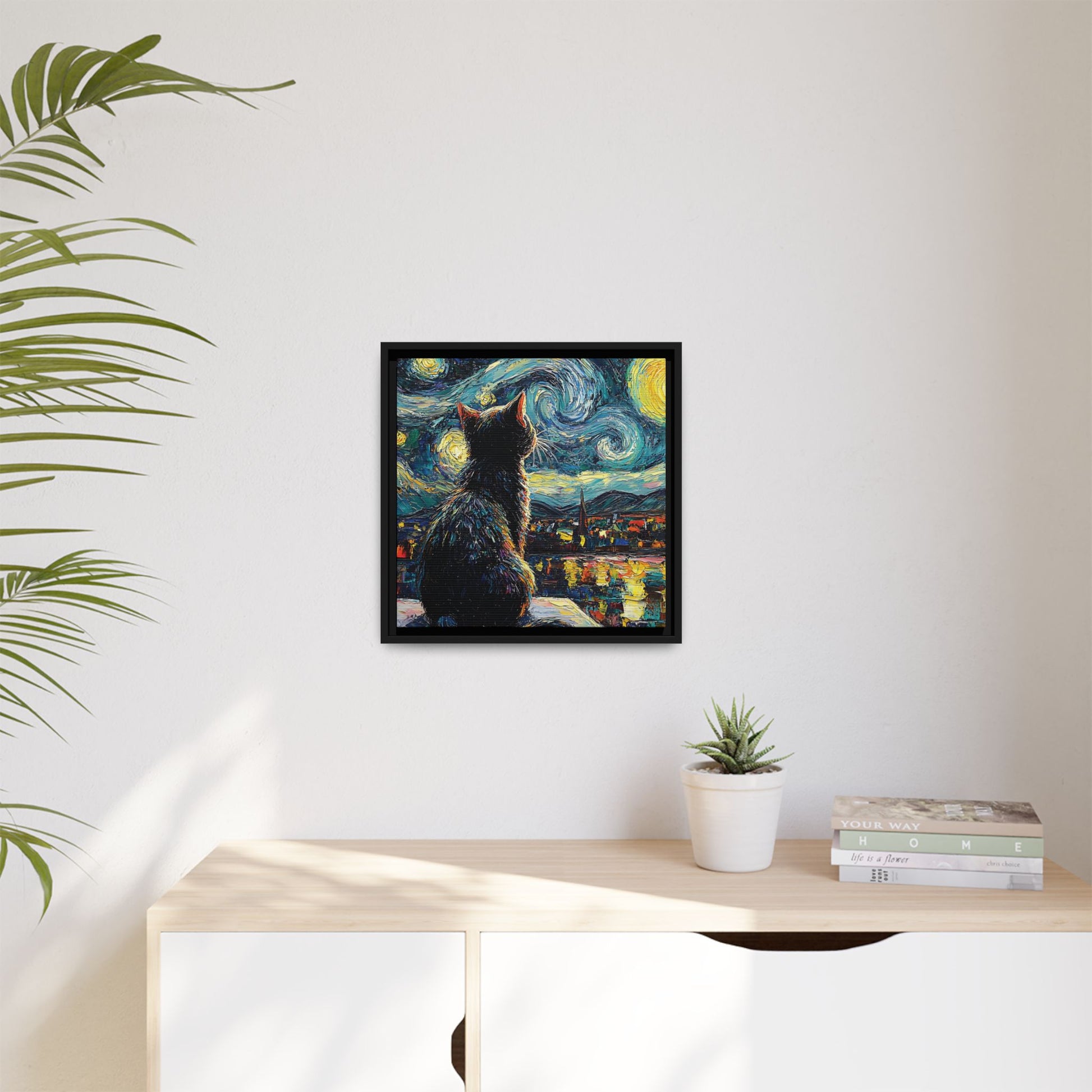 Starry Cat Framed Canvas Wall Art Square - Canvasses