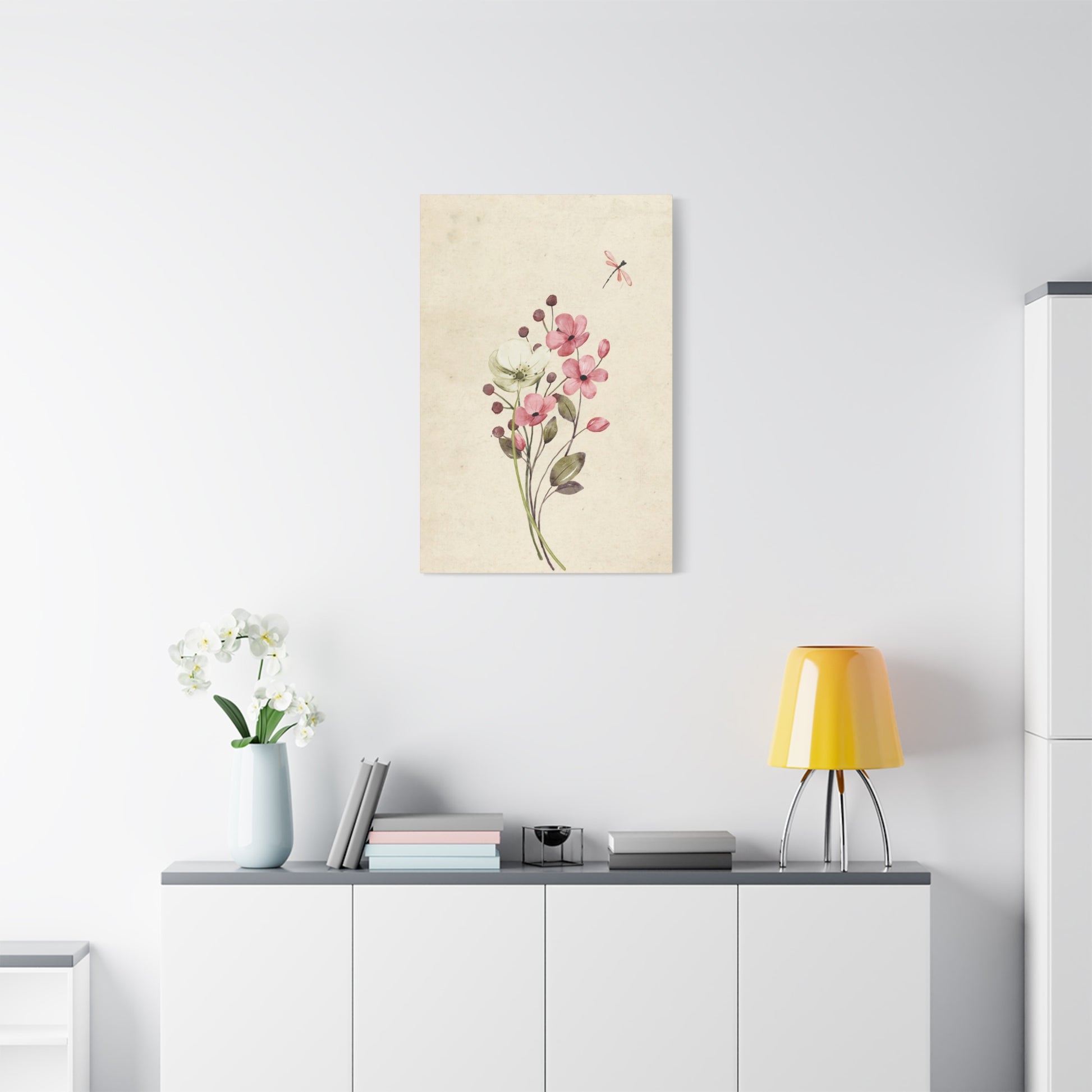 Vintage Wildflower Dragonfly Canvas Wall Art Vertical - Canvasses