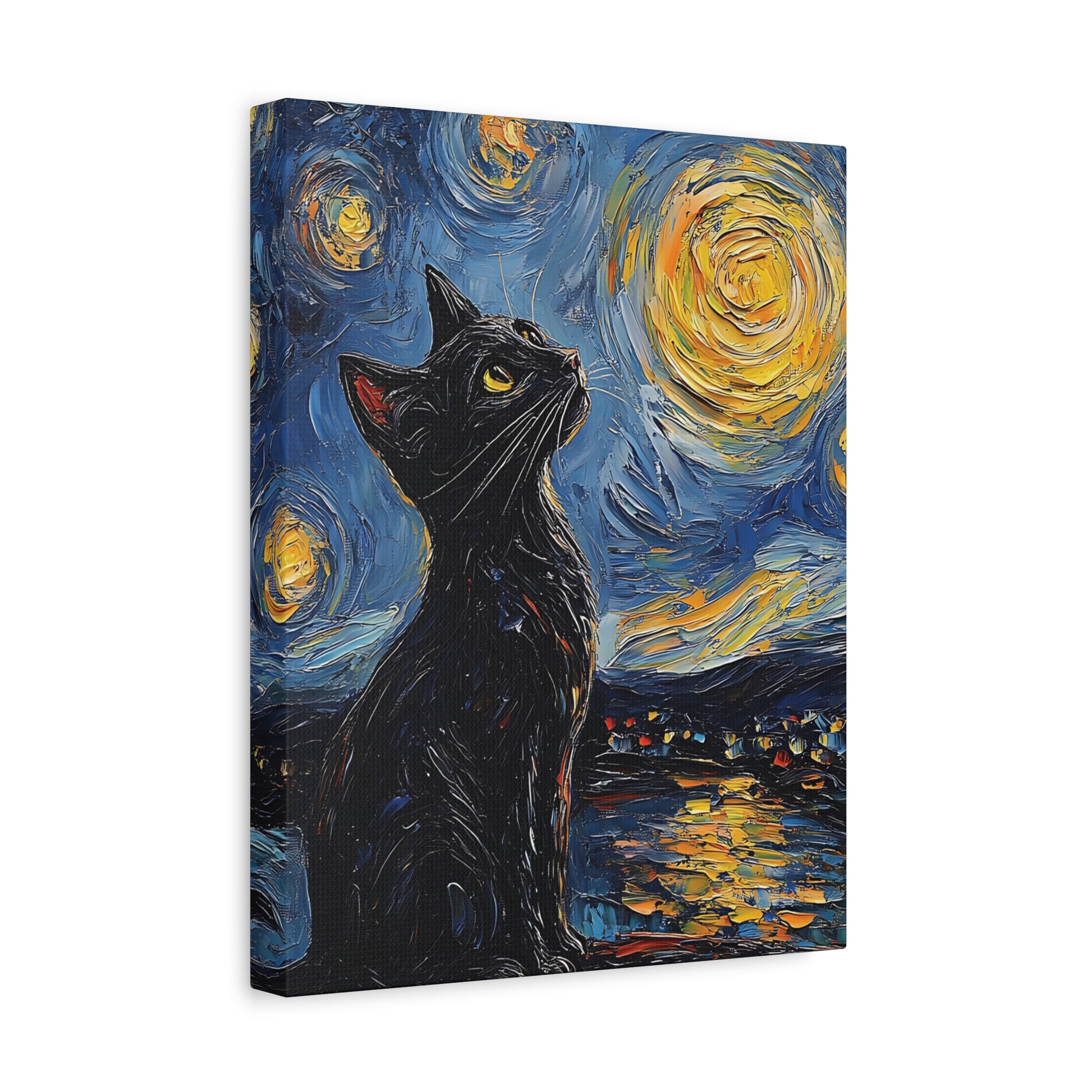 Black Starry Cat Canvas Wall Art Vertical - Canvasses