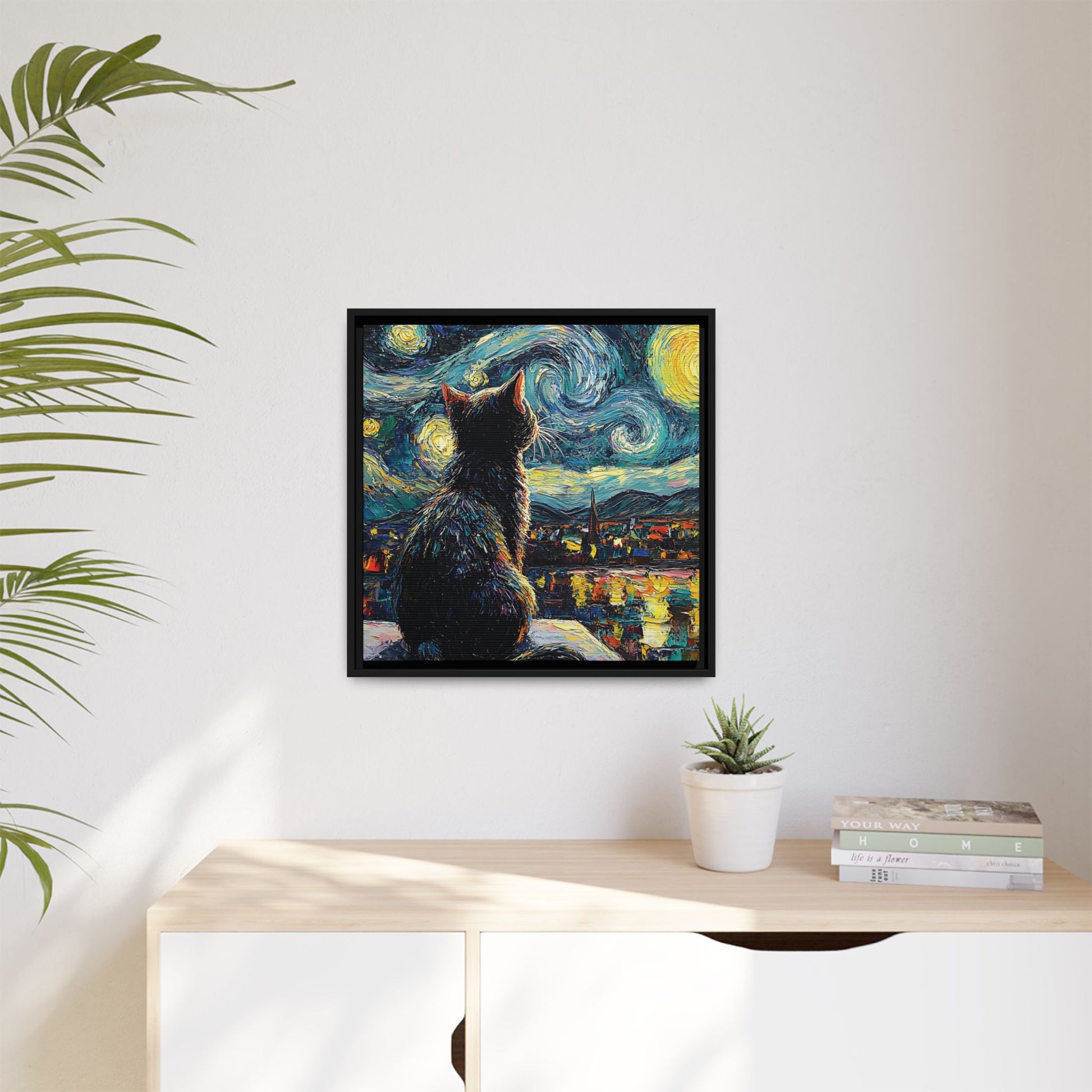 Starry Cat Framed Canvas Wall Art Square - Canvasses