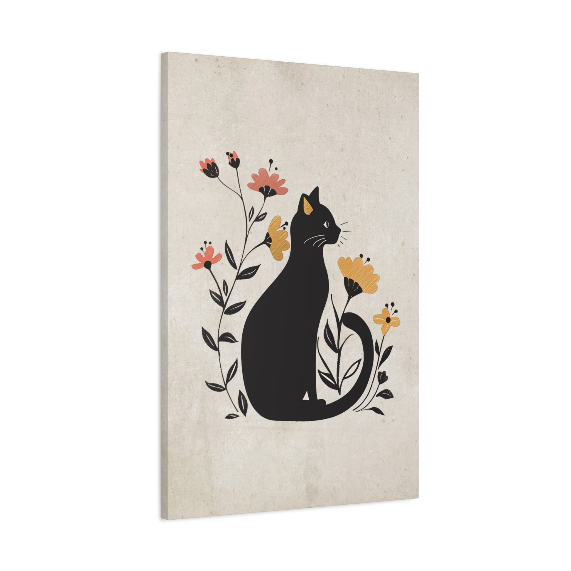 Floral Cat Silhouette Canvas Wall Art Vertical - Canvasses