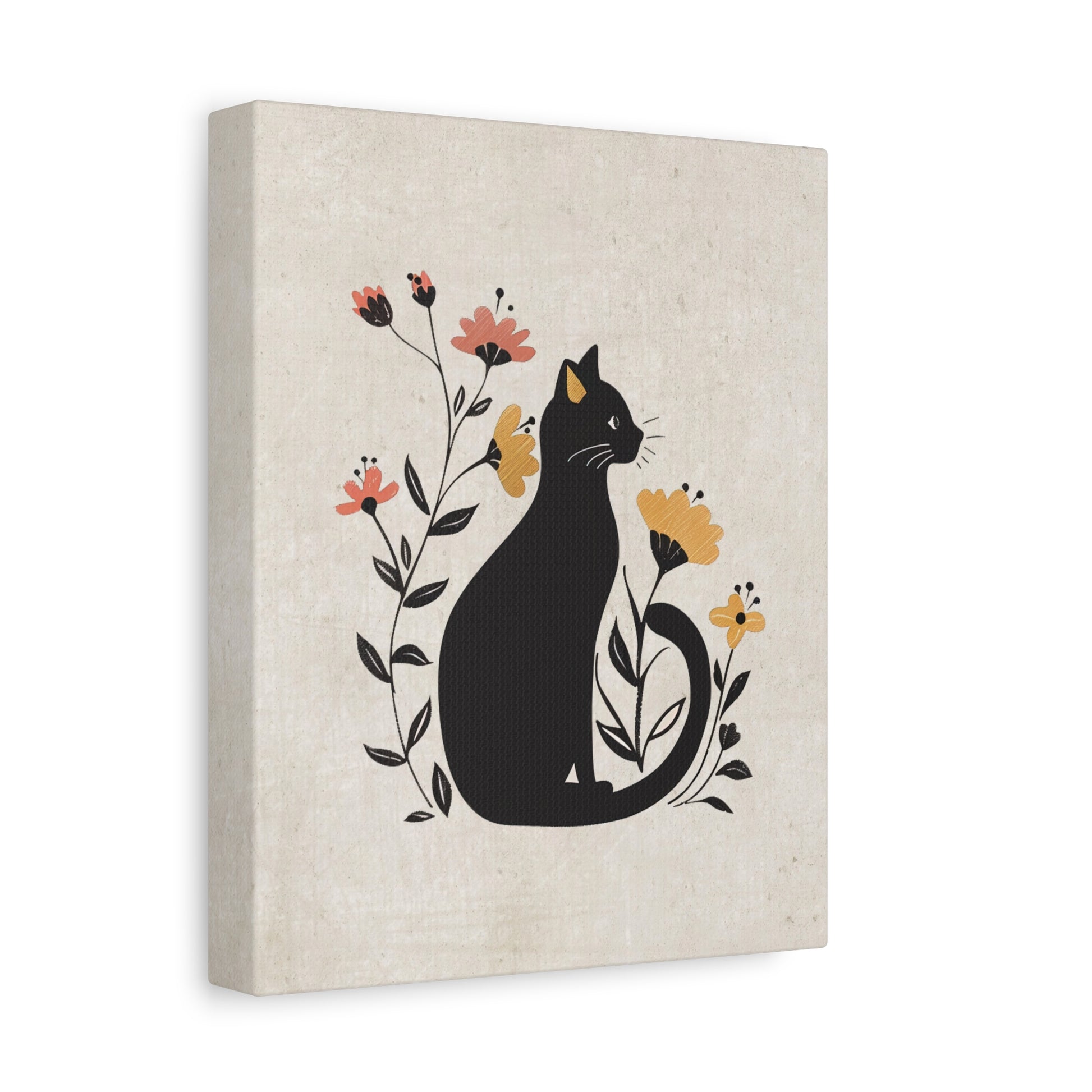 Floral Cat Silhouette Canvas Wall Art Vertical - Canvasses
