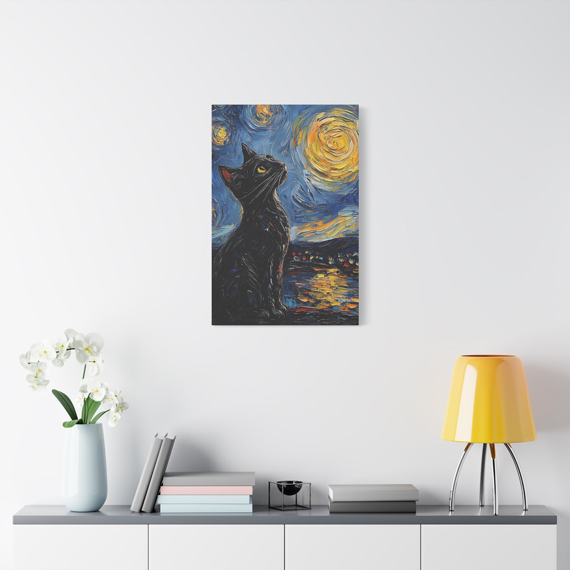Black Starry Cat Canvas Wall Art Vertical - Canvasses